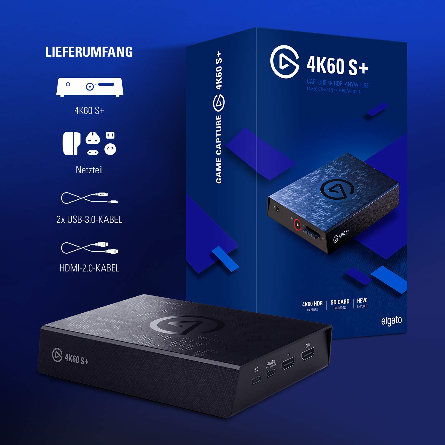 Elgato 4K60 S+, externe Aufnahmekarte, aufzeichnen in 4K60 HDR10 mit Ultra-Low-Latency auf PC oder SD Karte auf PS5/PS4, Xbox Series X/S, Xbox One X/S, in OBS und mehr, für Windows
