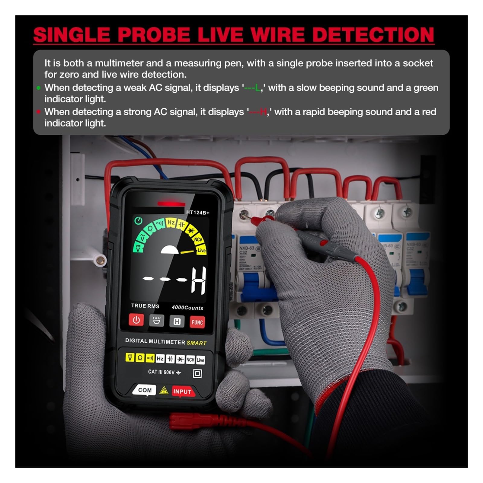 Multimetr Cyfrowy HT124 4000 Zliczeń Auto Zakres Tester Napięcia Ohm Hz Pojemność True AC DC DMM Multitester Bezpieczny, Praktyczny, DokłAdny(HT124B Plus)