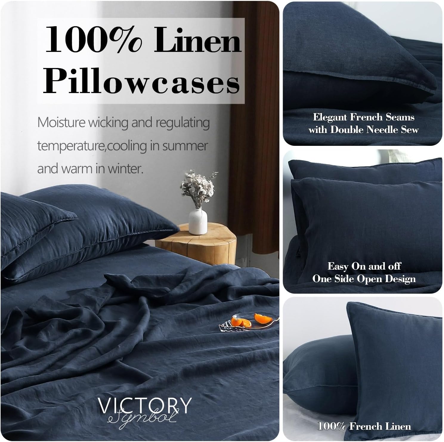 S VICTORY SYMBOL 100% Organic Linen Sheets Set,French Natural Flax Bedding Ultra Soft Luxurious Stone Washed 4 Pieces Bed Sheet Set(Navy,Queen)