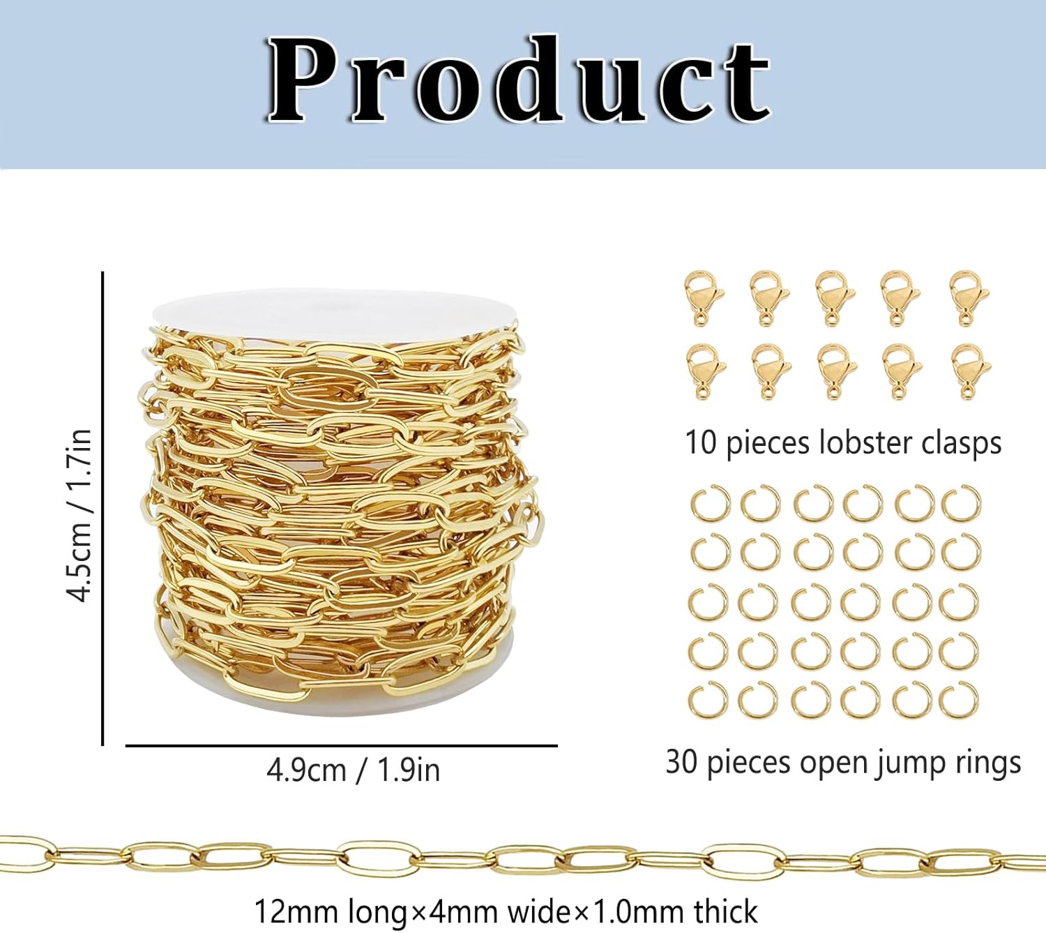 49 Feet Stainless Steel Paperclip Chains for Jewelry Making Gold Plated Bulk Bracelet Necklace Chain with Lobster Clasps and Jump Rings (3mix Size) - Image 4