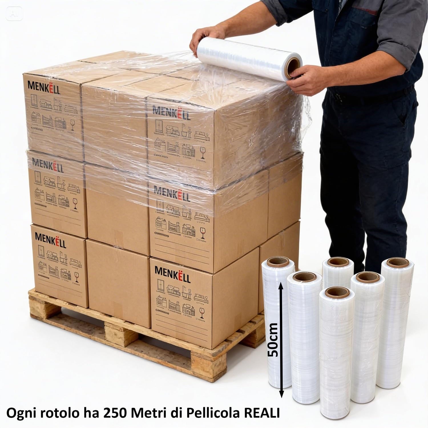 Pellicola trasparente per imballaggio 23 micron 50cm 250m 6 rotoli Made in UE