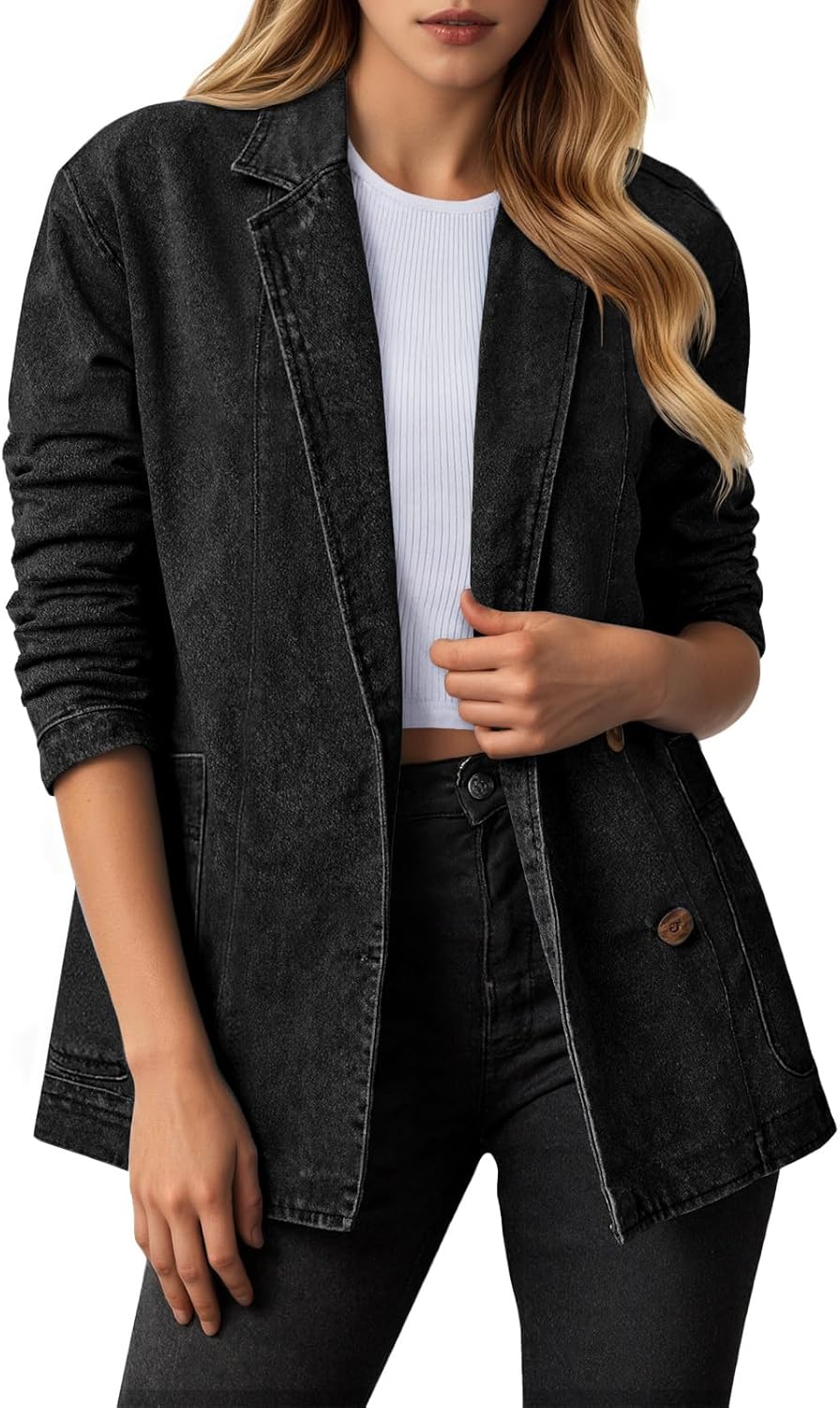 Tankaneo Womens Oversized Denim Jacket Casual Button Up Blazer Notched Lapel Jean Shacket Coat