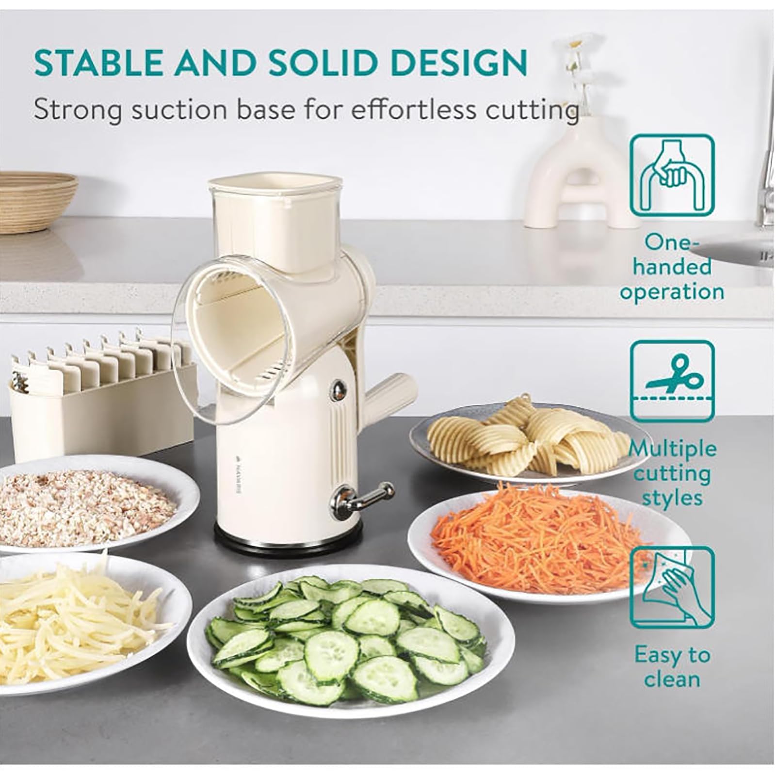 Rallador de queso, triturador giratorio de verduras con 5 cuchillas reemplazables para opciones gruesas, finas, onduladas y de rebanado, ideal para varias verduras