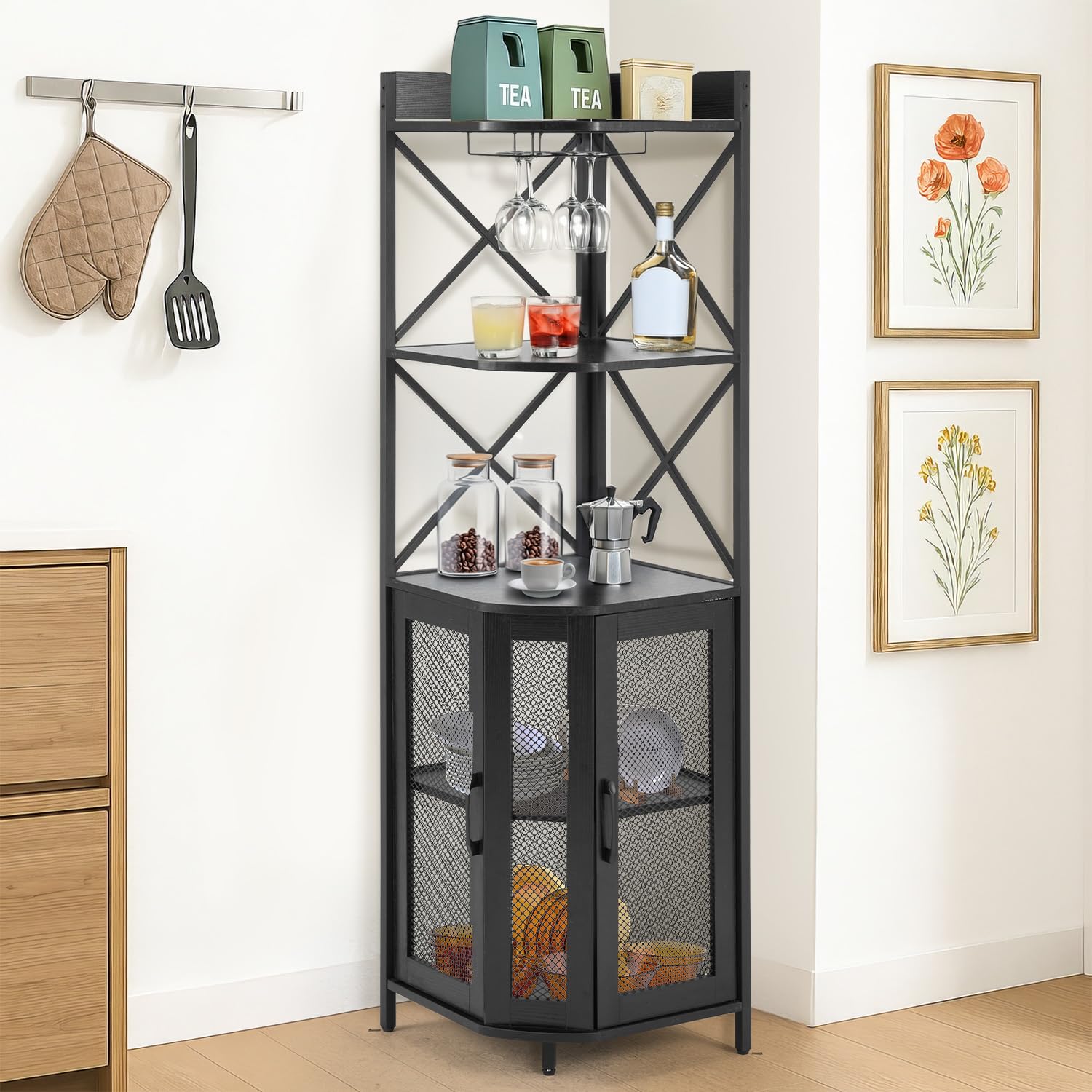 AVAWING Weinschrank, Barschrank Vintage mit Led Licht & Glashälter, Eckschrank aus Metallrahmen, 5 Stufen Küchenschrank mit Kippschutz für Küche Esszimmer Wohnzimmer, Schwarz, 44,5 x 44,5 x 163 cm
