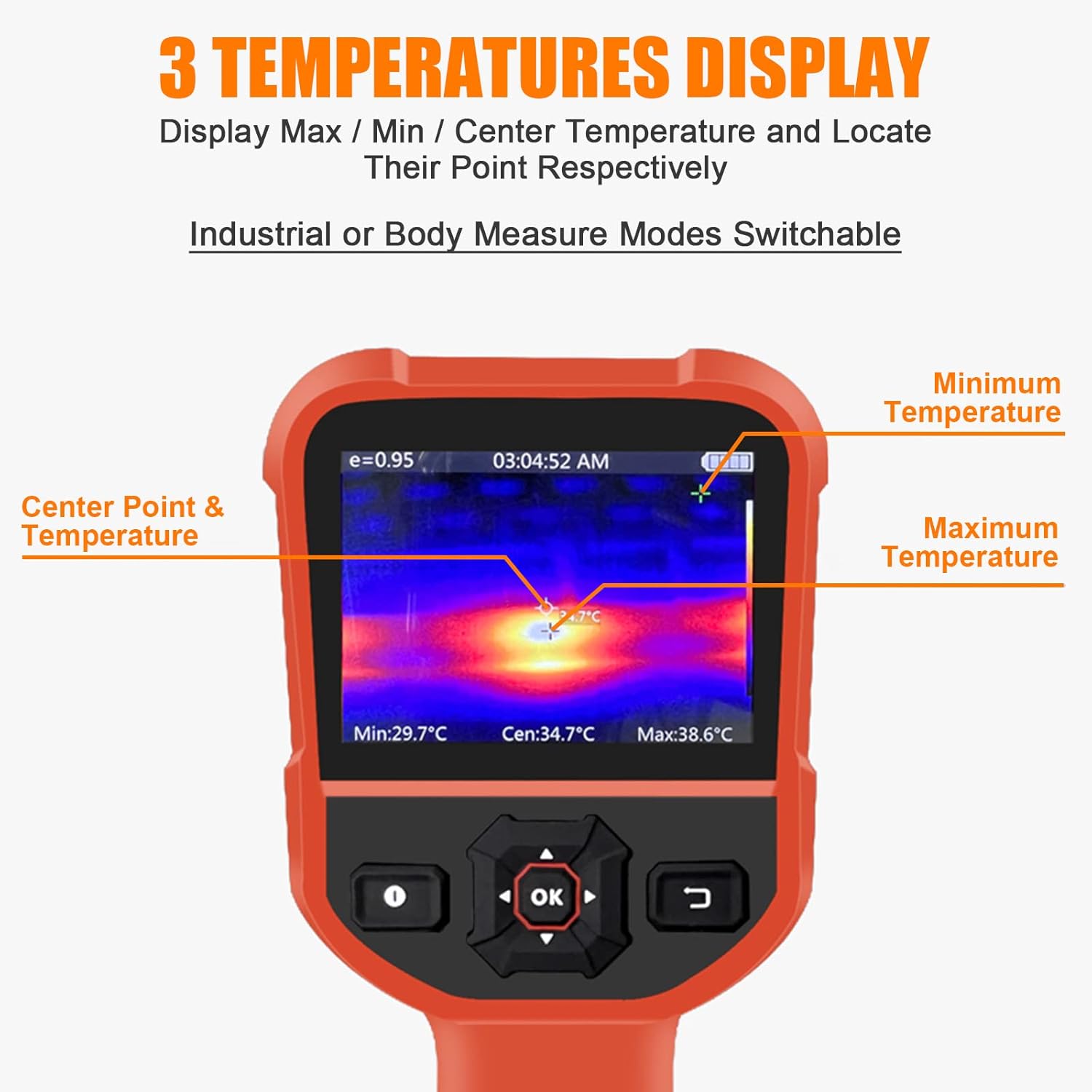Thermal imager display showing maximum, minimum, and center temperature points on a thermal image