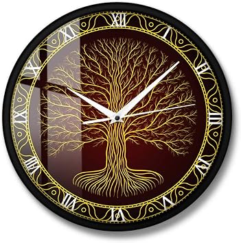 The Geeky Days Nordic Sacred Symbol Druidic Yggdrasil Tree Metal Frame Wall Clock Tree of Life Viking Mystic Amulet Wall Art Home Decor Silent Wall Watch