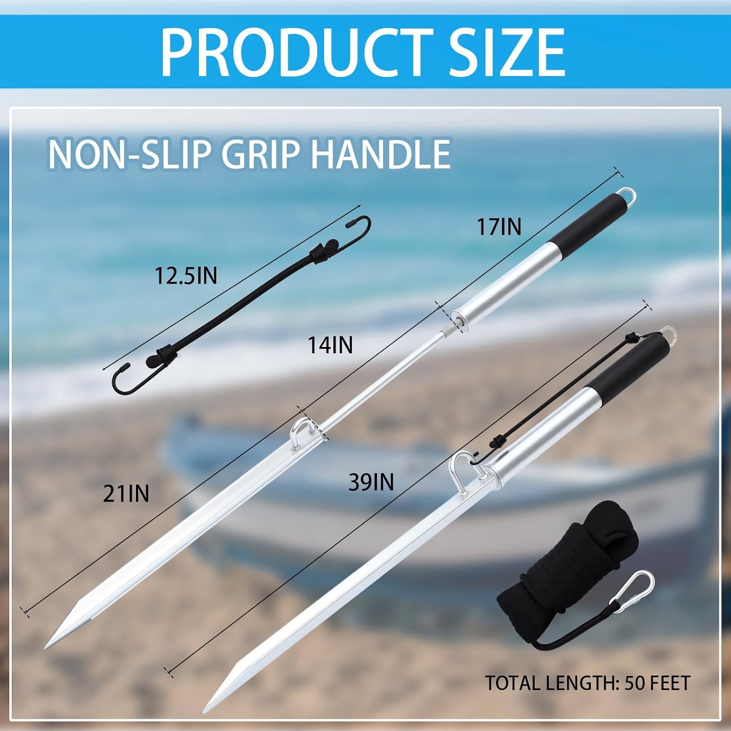 Sand Spike Anchor Kit Heavy Duty Galvanized Steel Pole with Stainless Steel Hook 50ft Rope for Boat Kayak Pontoon Shallow Water Beach Sandbar Fishing Mooring