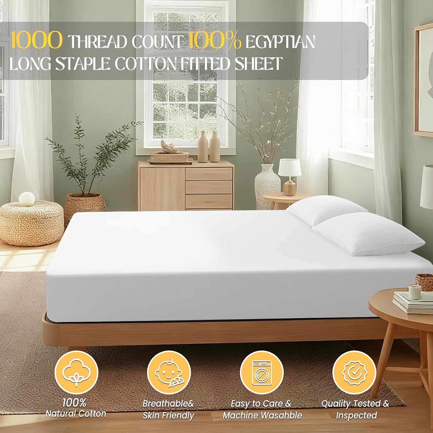 Egyptian Cotton Fitted Sheet Queen Only,Ultra-Soft Hotel Luxury Long Staple,Breathable and Comfy Sateen Weave,Fits Up to 18",White