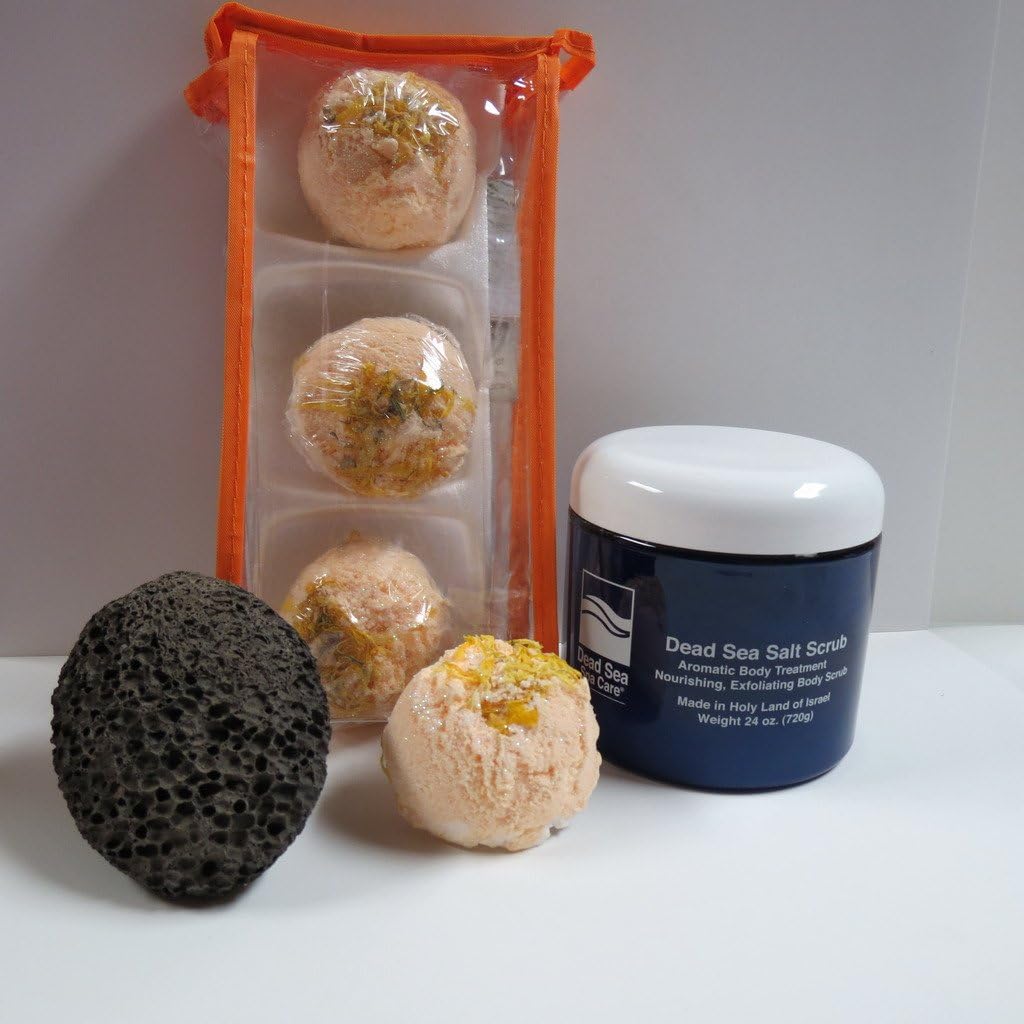 Bubble Bath Truffles Mango Manderine 3 Pack Bath Truffles, 24 oz Almond Dry Salt Scrub, Pumice Stone by Dead Sea Spa Care, Bubble Bath, Bubble Truffles, Bath Bombs