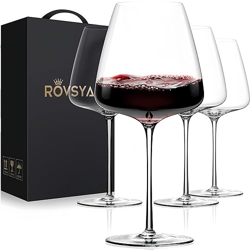 OJA Juego de 4 copas de vino tinto, copas grandes de Borgoña de 23 onzas, cristal soplado a mano, transparente, ideal para cata de vinos,