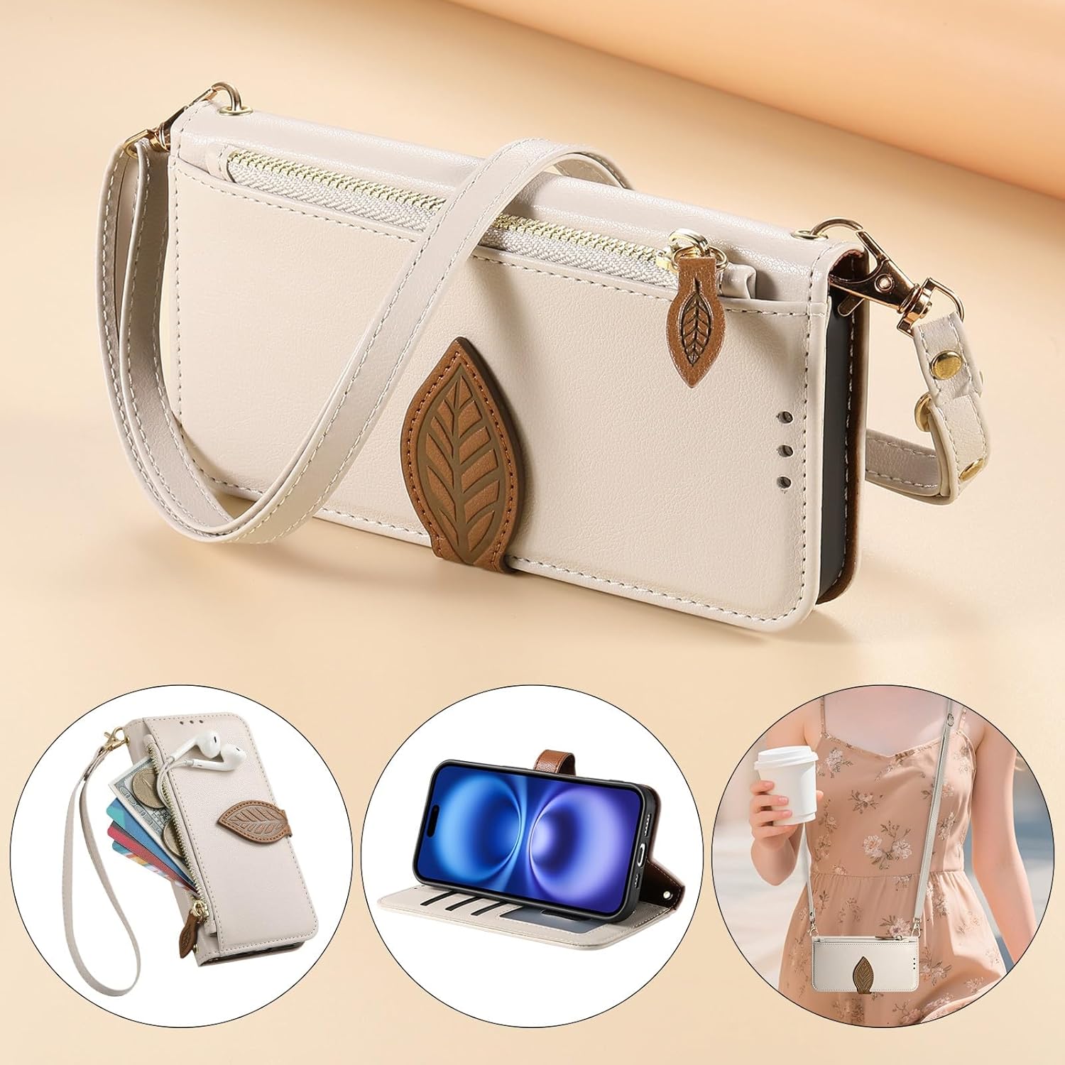 case Compatible with for iPhone 17 (Color: Black) – leaf magnetic Leather Flip Zipper Wallet back Case Strap