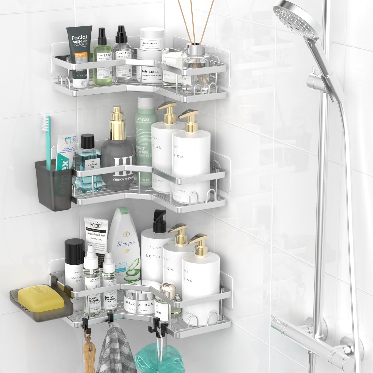 AKTECKE Corner Shower Caddy Bathroom Organizer: Adhesive Shower Rack Bathtub Shelves - 3Pack No Drilling Shower Shelf For Inside Shower - Stainless Steel Rustproof Bathroom Stuff