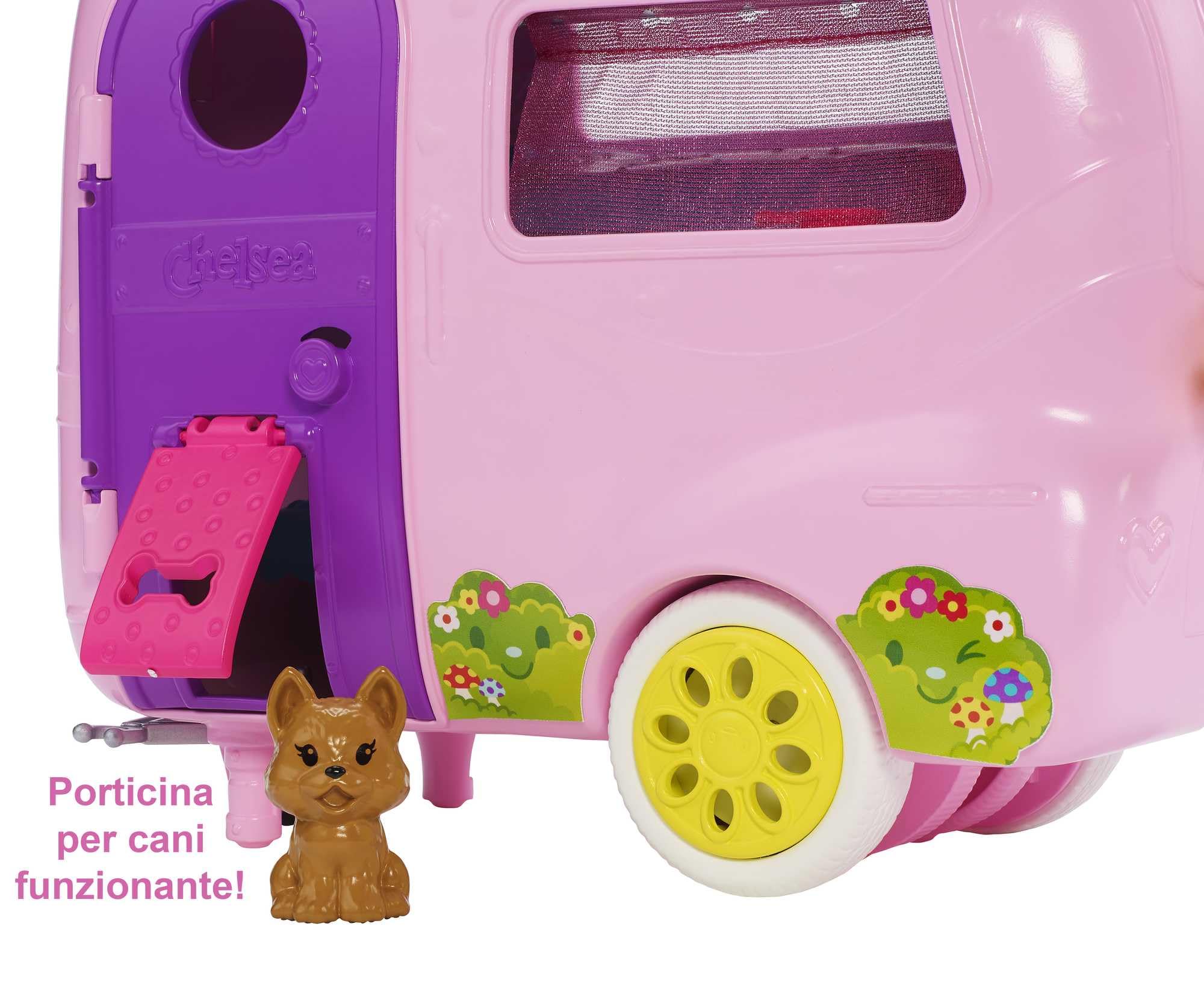 Barbie il Camper di Chelsea, PlaySet con Bambola, Veicolo, Roulotte e Tanti Accessori, Giocattolo per Bambini 3 + Anni, FXG90