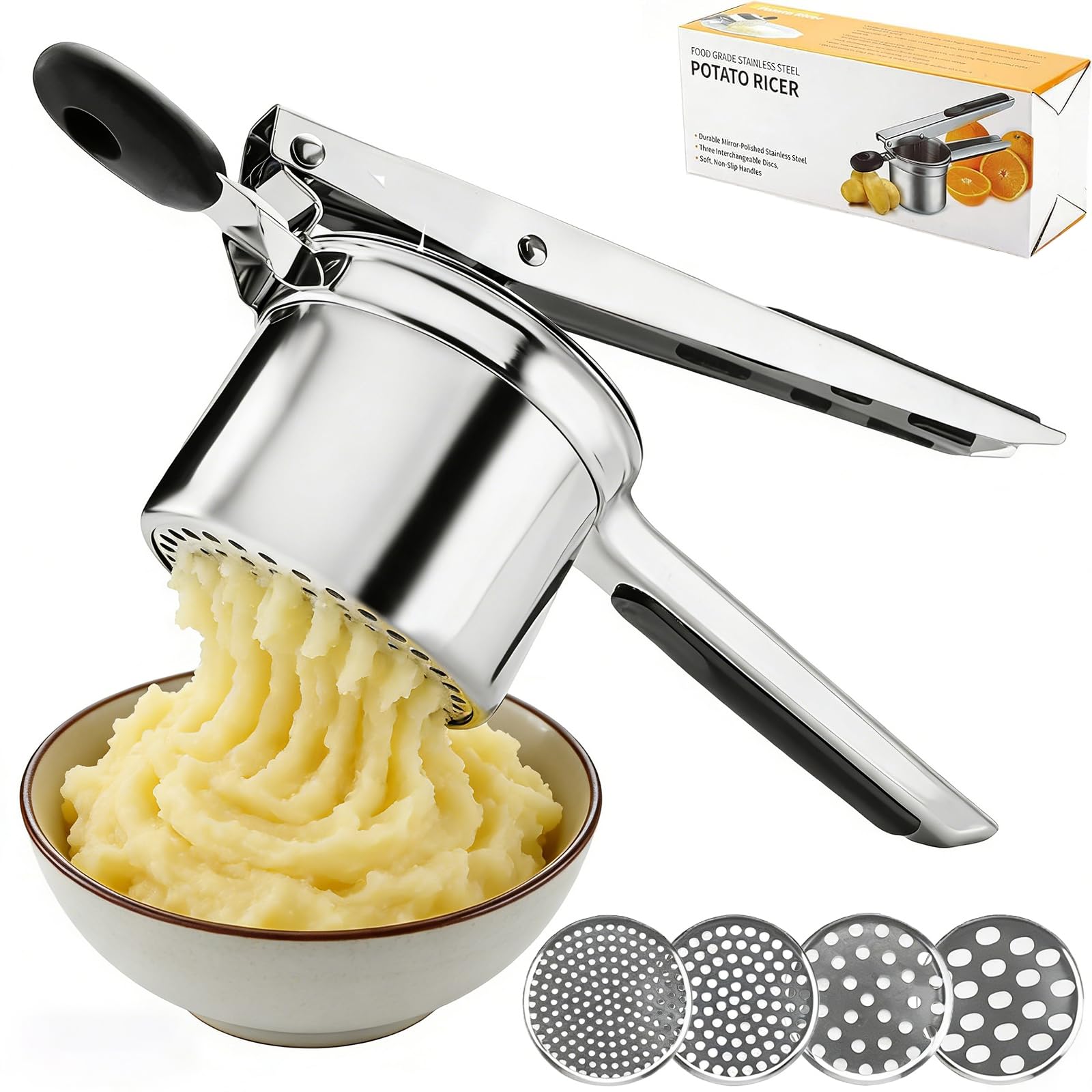Acquwistach Potato Ricer, Stainless Steel Potato Masher with 4 Interchangable Discs, Large Capacity Food Press with Silicone Handle, Dishwasher Safe Vegetables & Fruit Press