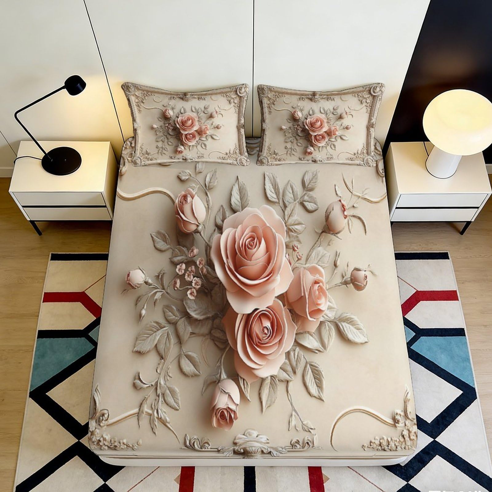 Jqzkxnhpbr Style-3 3D Printed Rose Blossom Fitted Sheet Microfiber Soft Floral Bed Cover For Bedroom Guest Room Decor Dustproof Washable 90X200x25cm