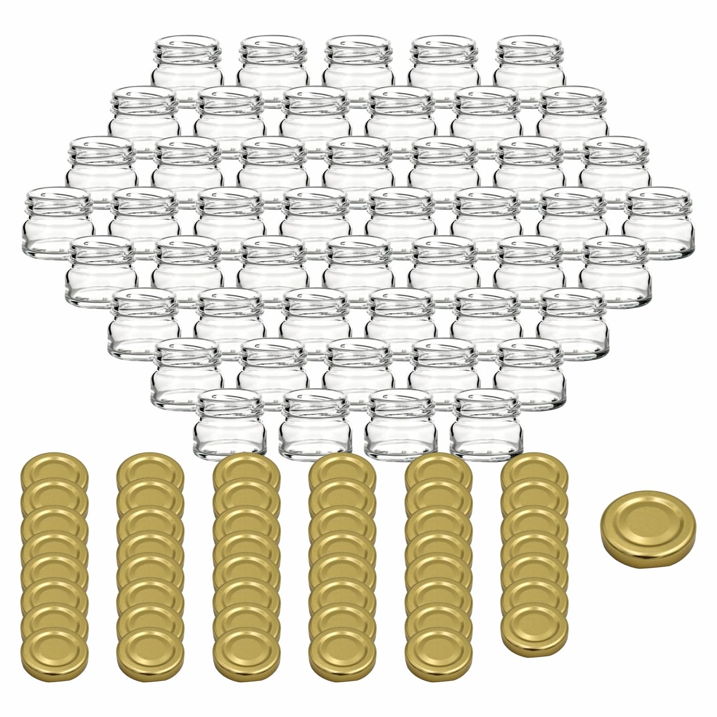 Gouveo Set di 48 Mini Vasetti per Conserva 30 ml con Coperchio a Vite Oro - Rotondi per Conserve, Marmellata, Spezie (EGR030G)