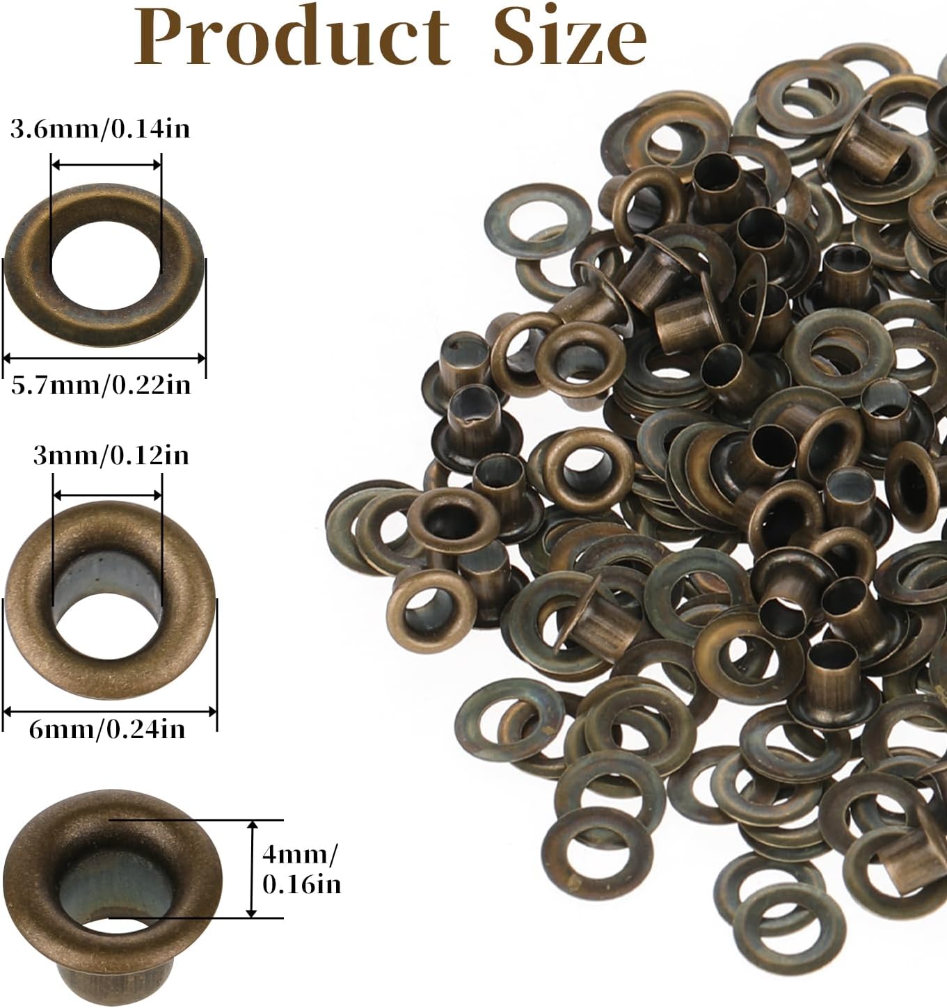 Diagram showing the precise measurements of the grommet and washer components, including inner and outer diameters and height.