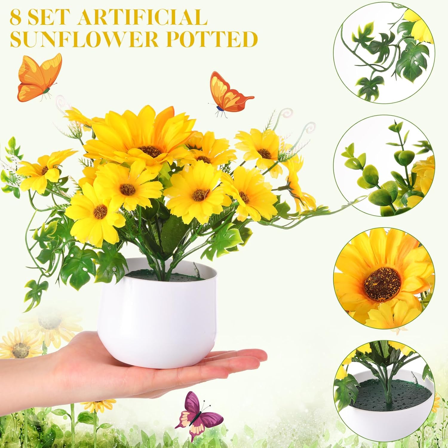 Zeyune 8 Pieces Artificial Sunflower Potted Plants for Yellow Kitchen Decor Sunflower Centerpieces for Tables Mason Jar Artificial Flowers in Plastic Pot for Bathroom Wedding Office (Stylish)