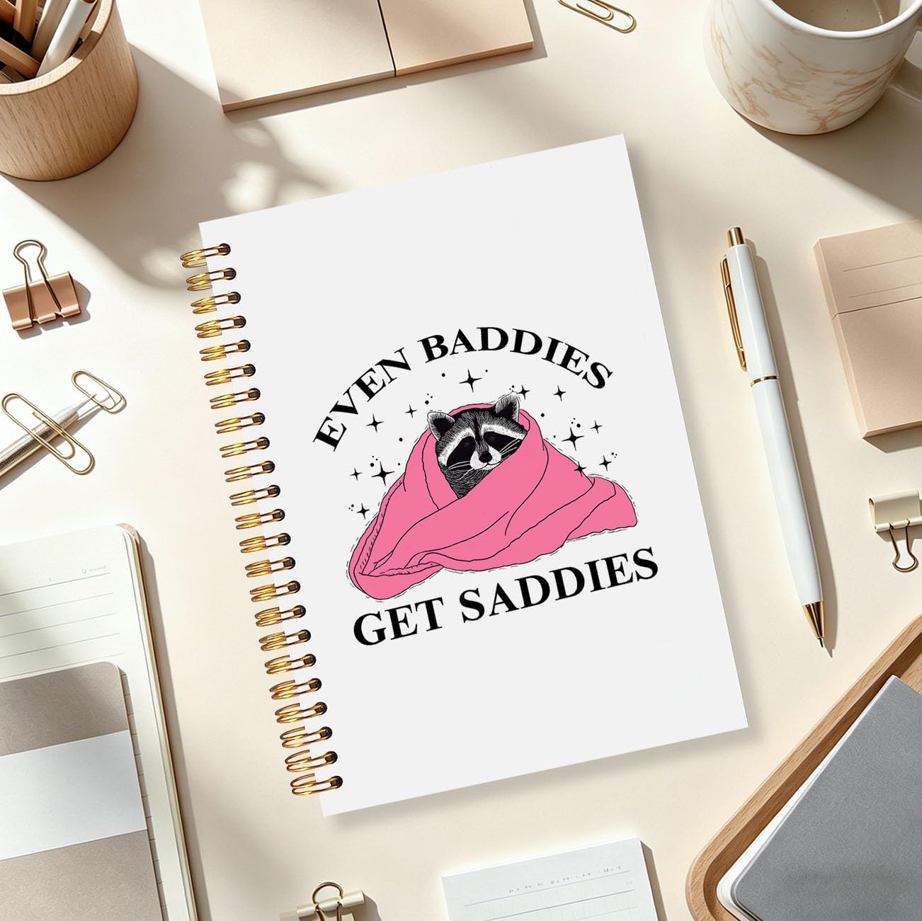 Funny Raccoon Mental Health Spiral Notebook 5.5 x 8.3, Mental Health Therapist Gifts Journal for Women, Even Baddies Get Saddies Raccoon Journaling Notebooks for Note Taking image 2