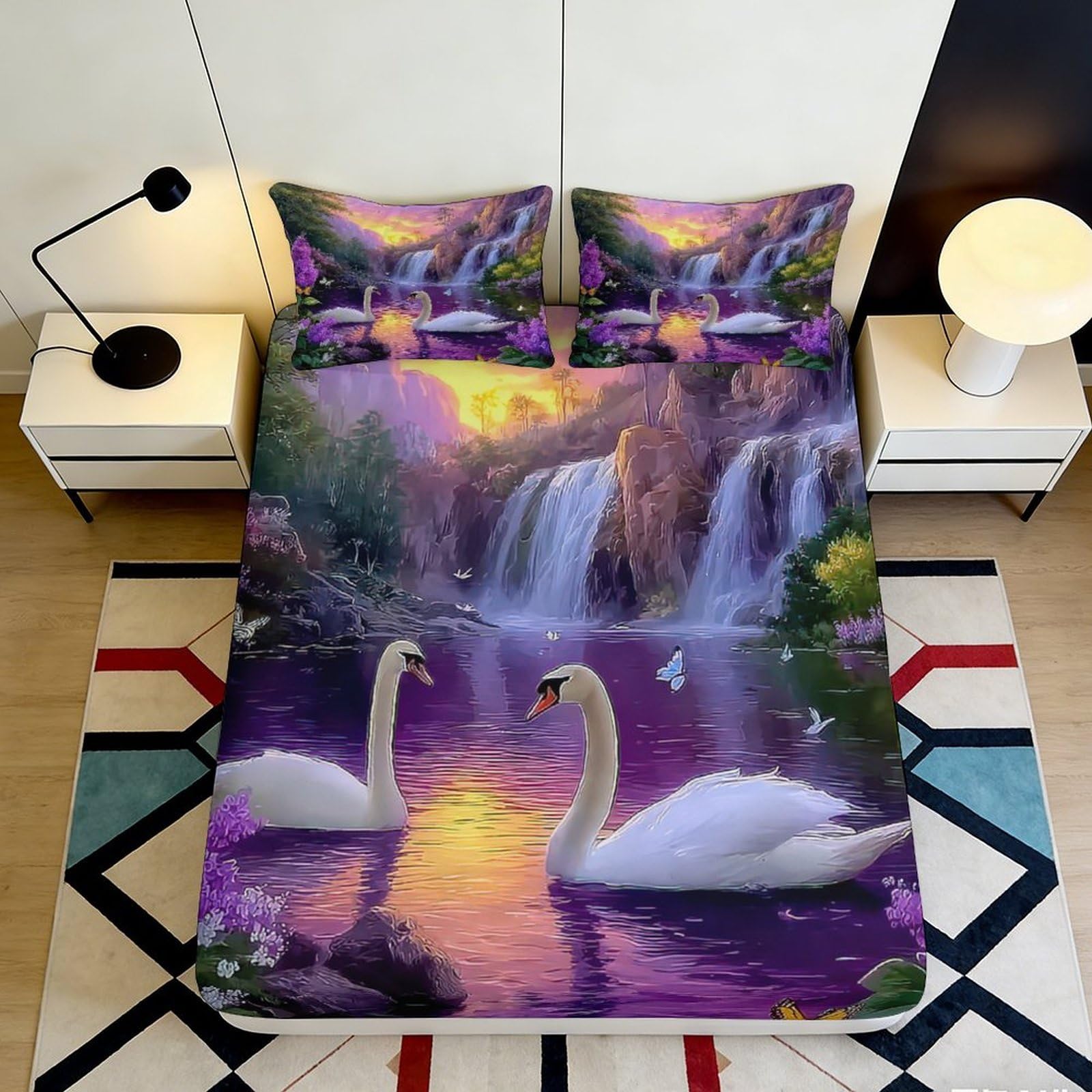 3D Printed Swan Lake Fitted Sheet Microfiber Soft Purple Waterfall Mattress Cover for Bedroom Dorm Decor Protection 90x200x25cm