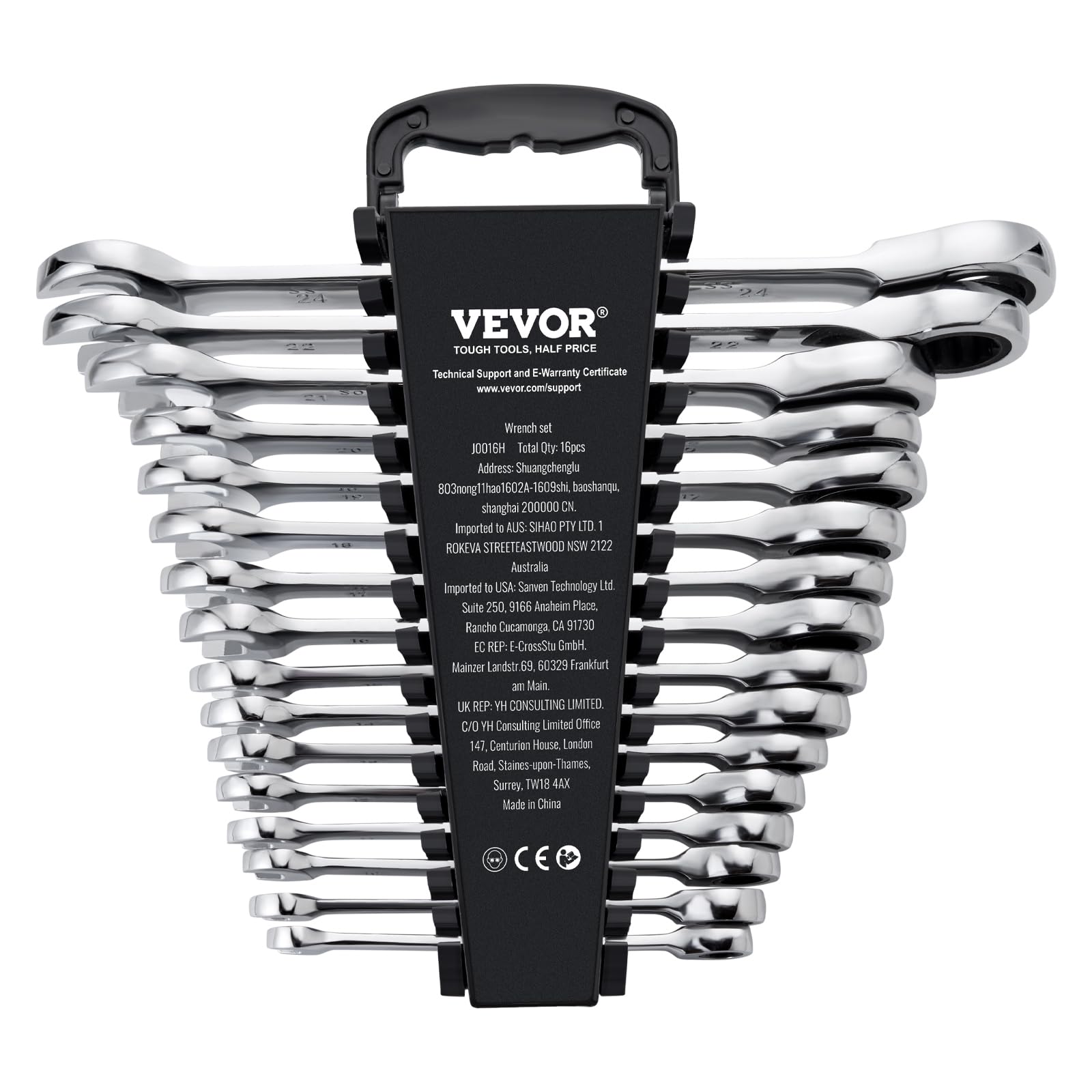 VEVOR Set di Chiavi Combinate da 16 Pezzi, Set di Chiavi a Cricchetto con Organizzatore per Rack, Set di Chiavi in ​​Acciaio Cr-V Metrico da 8 mm a 24 mm, per Casa, Garage, Officina, Riparazioni Auto