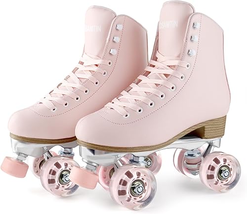 Miniatura 2 de Patines TUOSAMTÍN para mujeres y niñas con topes de goma ajustables en altura, lindos patines retro cuádruples para exteriores e interiores Rosa