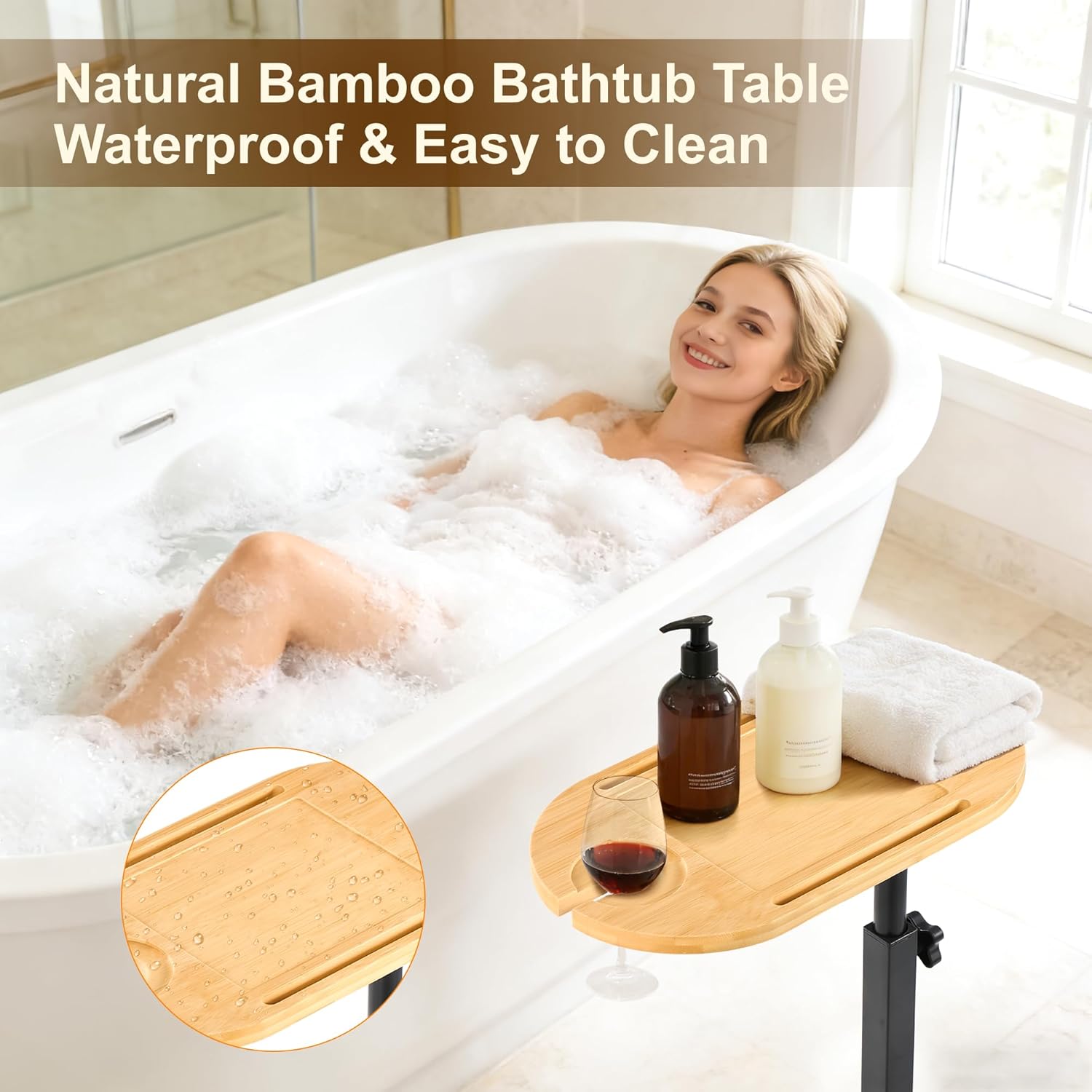 Bamboo Bathtub Side Table, 360° Swivel Height Adjustable Freestanding Bath Caddy Tray Organizer with 5 Storage, Luxury Home Spa Bathroom Essential (Natural)