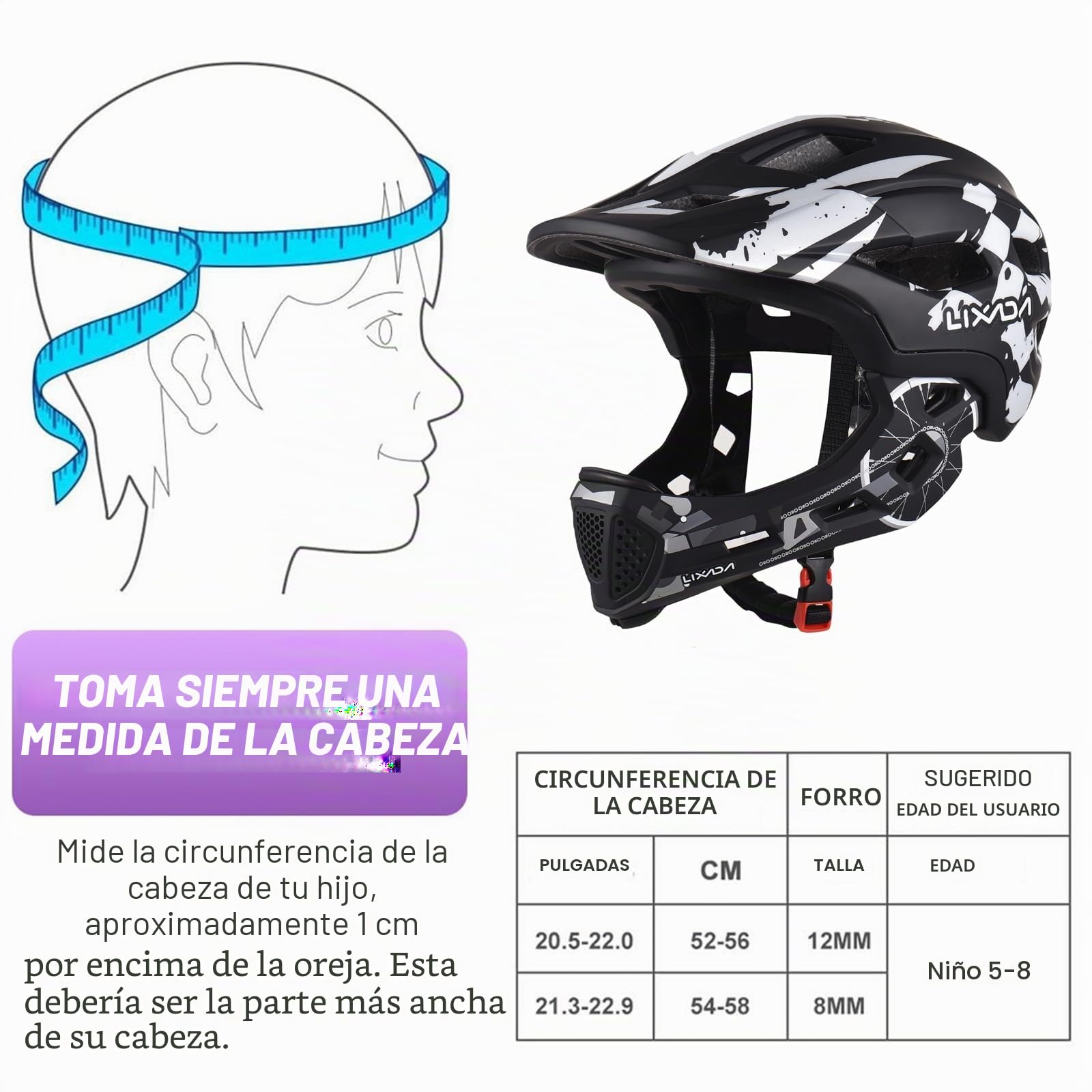 Lixada Casco de bicicleta infantil de cara completa, desmontable, unisex, 52-56 cm, casco infantil 2 en 1, tamaño ajustable, con protector de barbilla extraíble, para bicicletas, monopatines