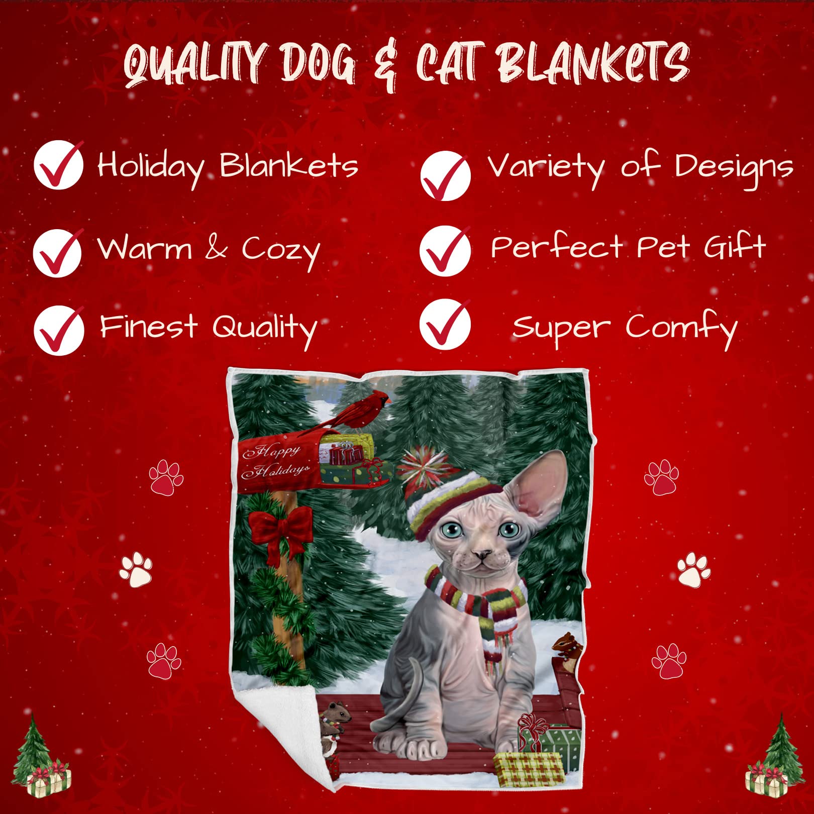 Doggie of the Day Sphynx Cat Blanket - Merry Christmas Woodland Sled - Super Soft & Warm Pet Theme for Sofa or Bed, Warm Fleece, Sherpa or Woven Material, BLNKT51536 (30x40 Fleece)