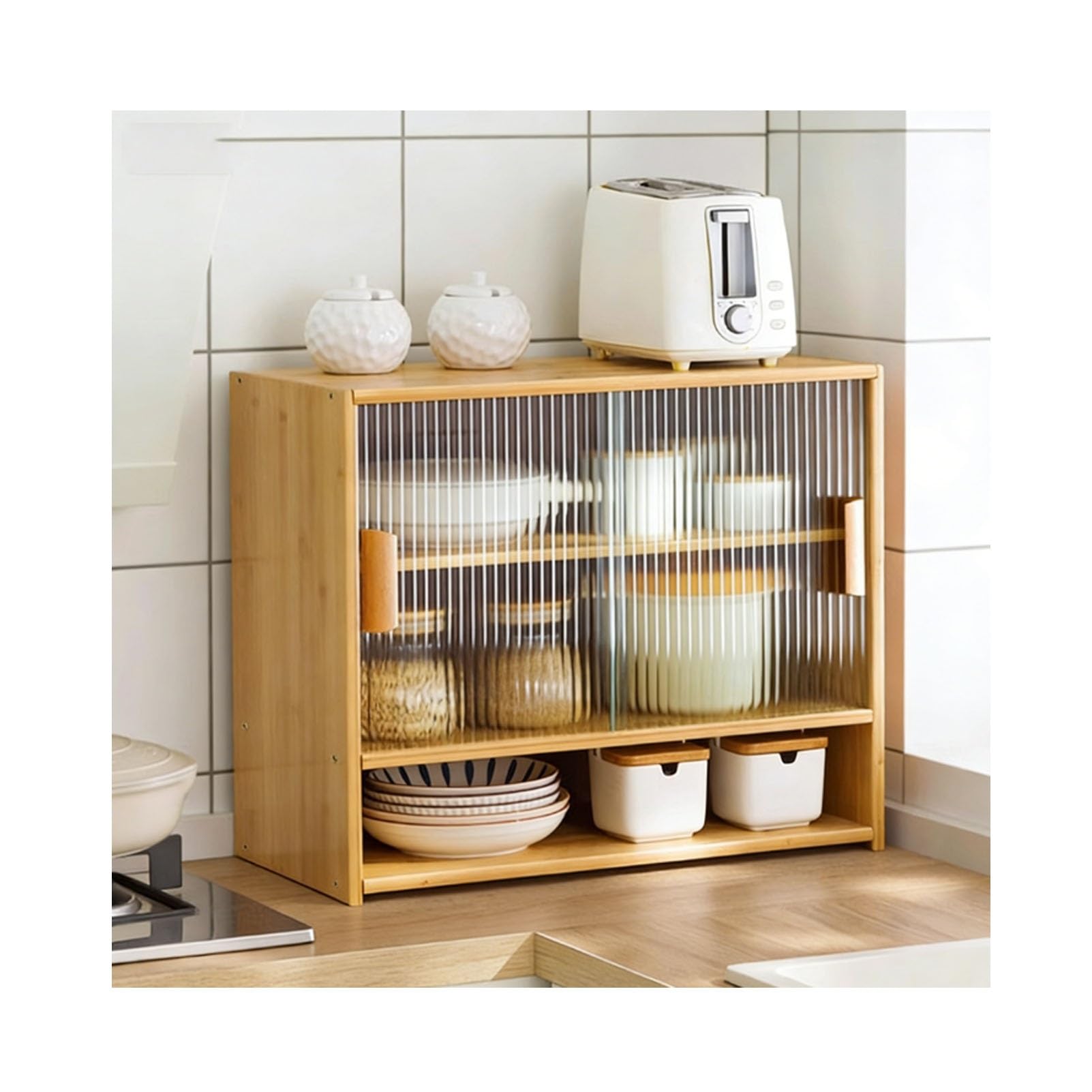 BHGFYXBS Bamboo Kitchen Sto Cabinet With Sliding S Doors Adjustable Pantry Freestanding Dining Room Countertop Unit,Natural-55X46X28Cm/22X18X11In,Natural-55x46x28cm/22x18x11in
