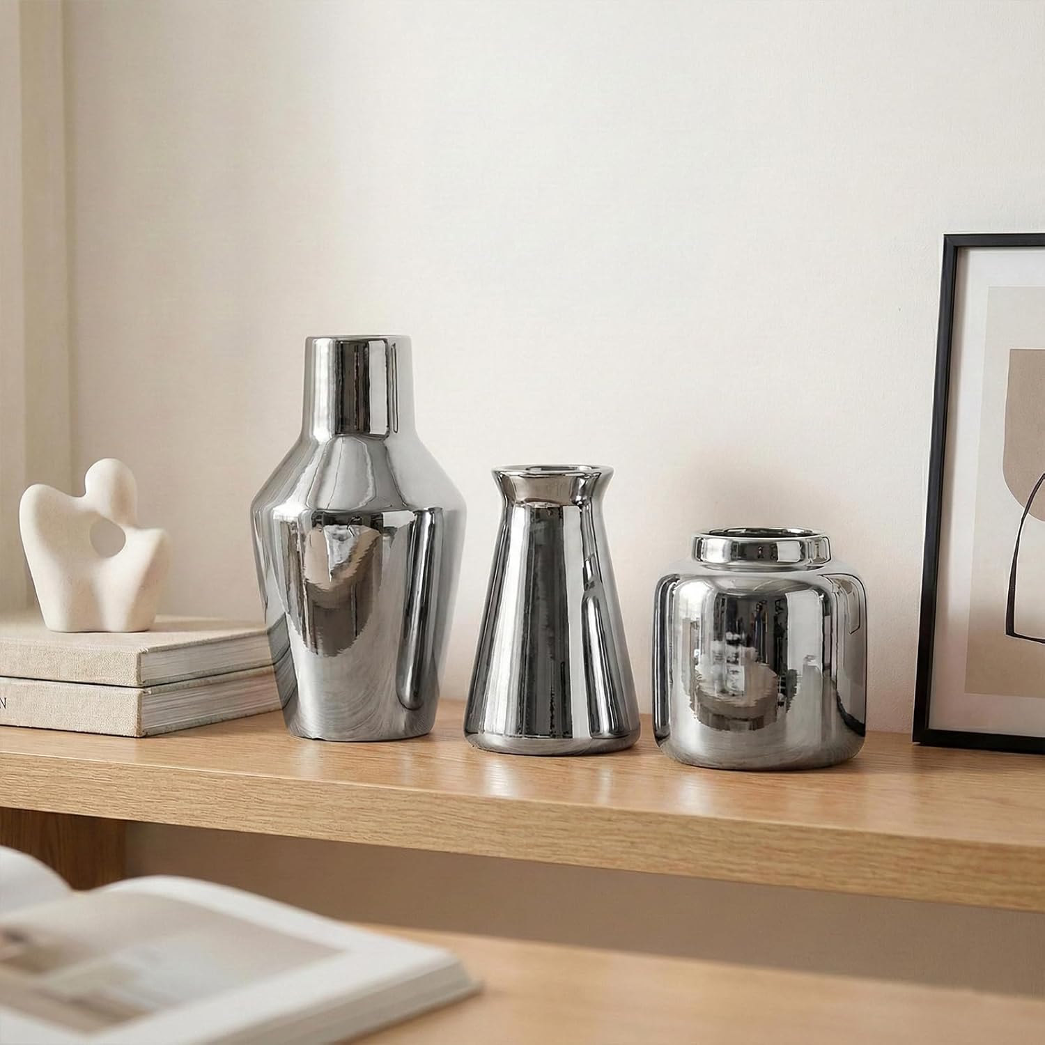 3 Piece Wide Mouth Vase Set for Table Centerpiece, Ceramic Silver Flower Vase for Pampas Grass Decor, Glossy Silver Unique Vases for Bathroom Fireplace Top Shelf Entryway Decorative