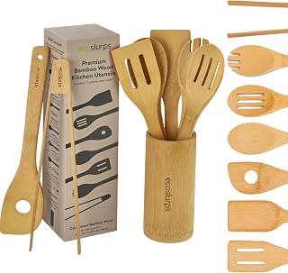 EcoSlurps 8 Bamboo Kitchen Utensil Set - British Brand of Carbonated Wooden Spoons, Spatulas and Utensils Non-Stick Wood Material with Storage Holder - Premium Kitchen Gift Set (8)