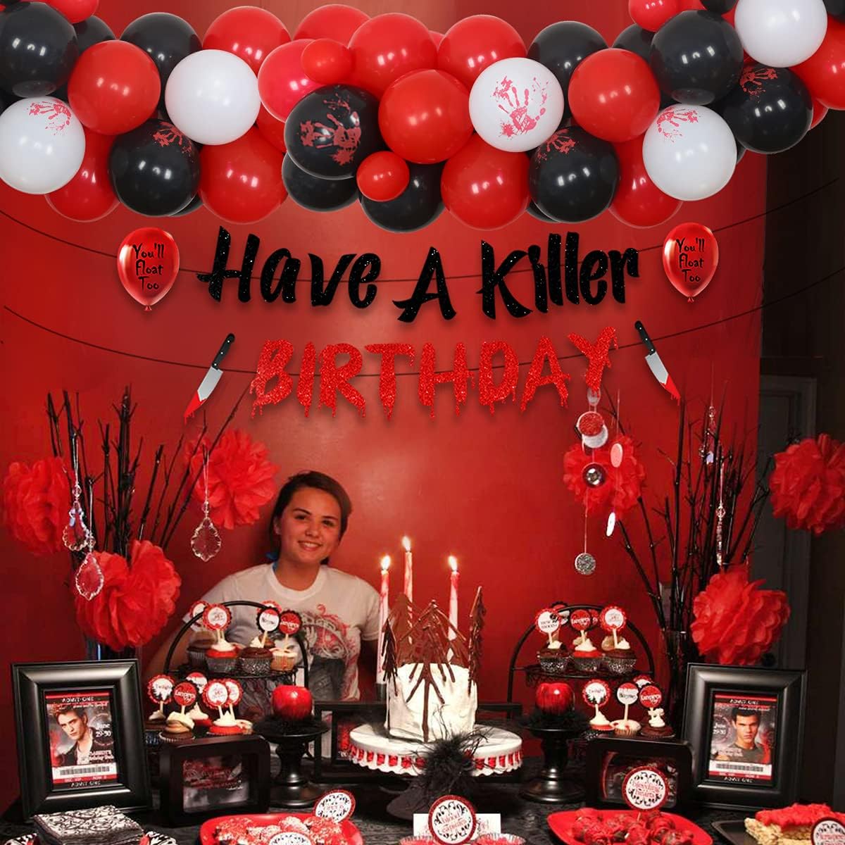 Halloween Horror Birthday Balloon Garland Kit- Have A Killer Birthday Banner, Black and Red Balloons with Bloody Hand Printing for Scary Theme Parties