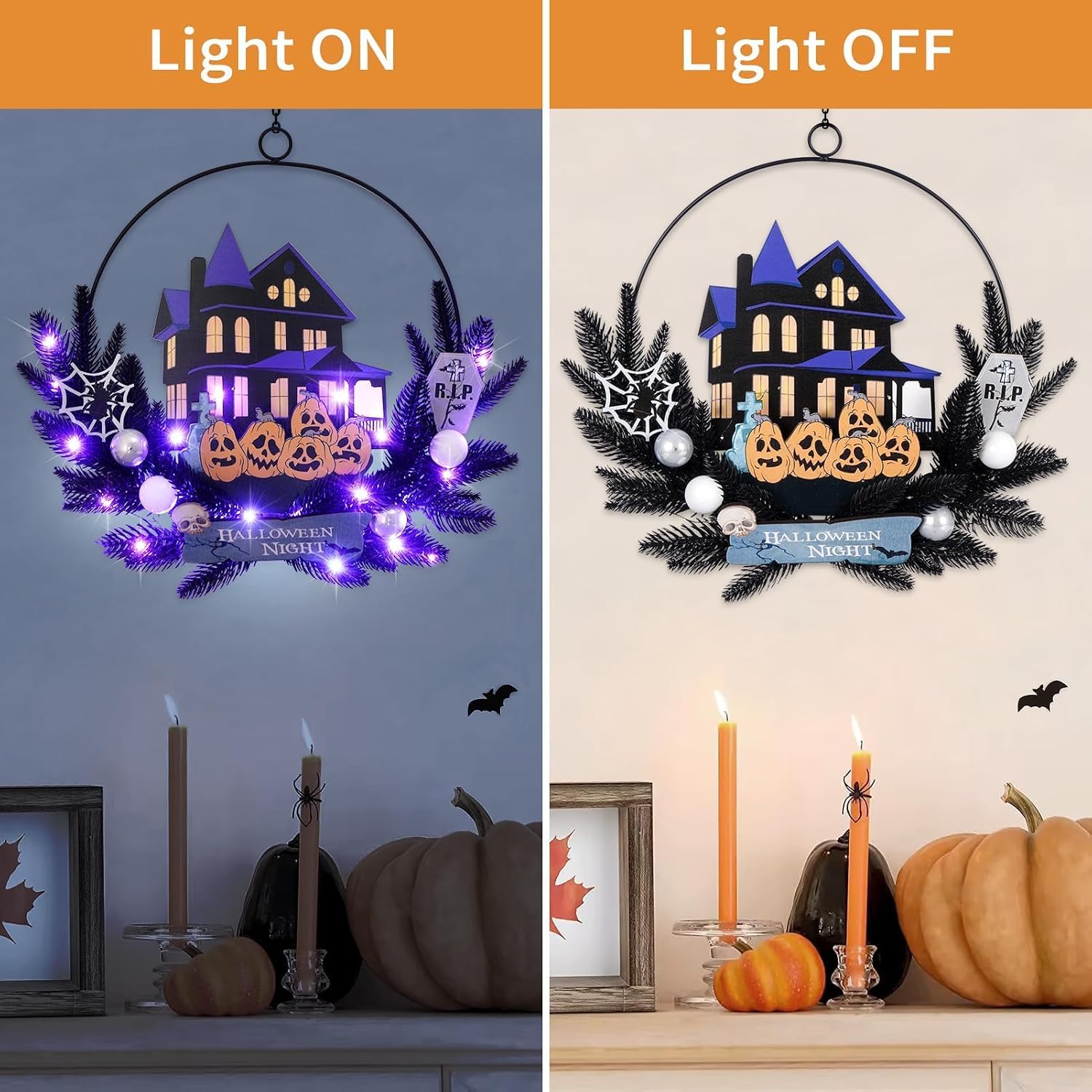15.7Inch Halloween Pumpkin Wreath for Front Door with Lights, 6H On/18H Off | sturdy metal and wood construction, battery-operated cordless design, and an included hook for easy hanging.