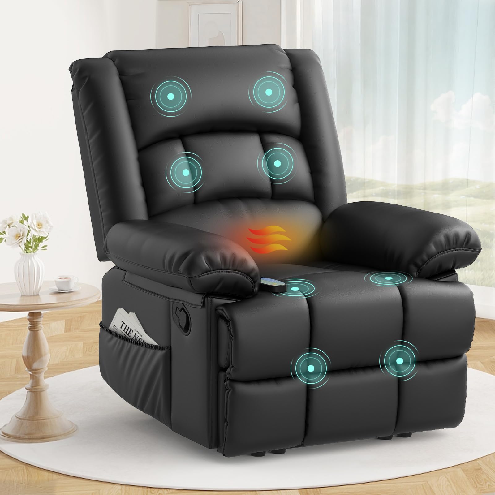 sisolos Recliner Armchair for Adults, Recliner Chair with Massage & Heat, Padded Armrest Adjustable Legrest Backrest, Manual Reclining Chair for Living Room Sofa Chair with 2 Side Pockets