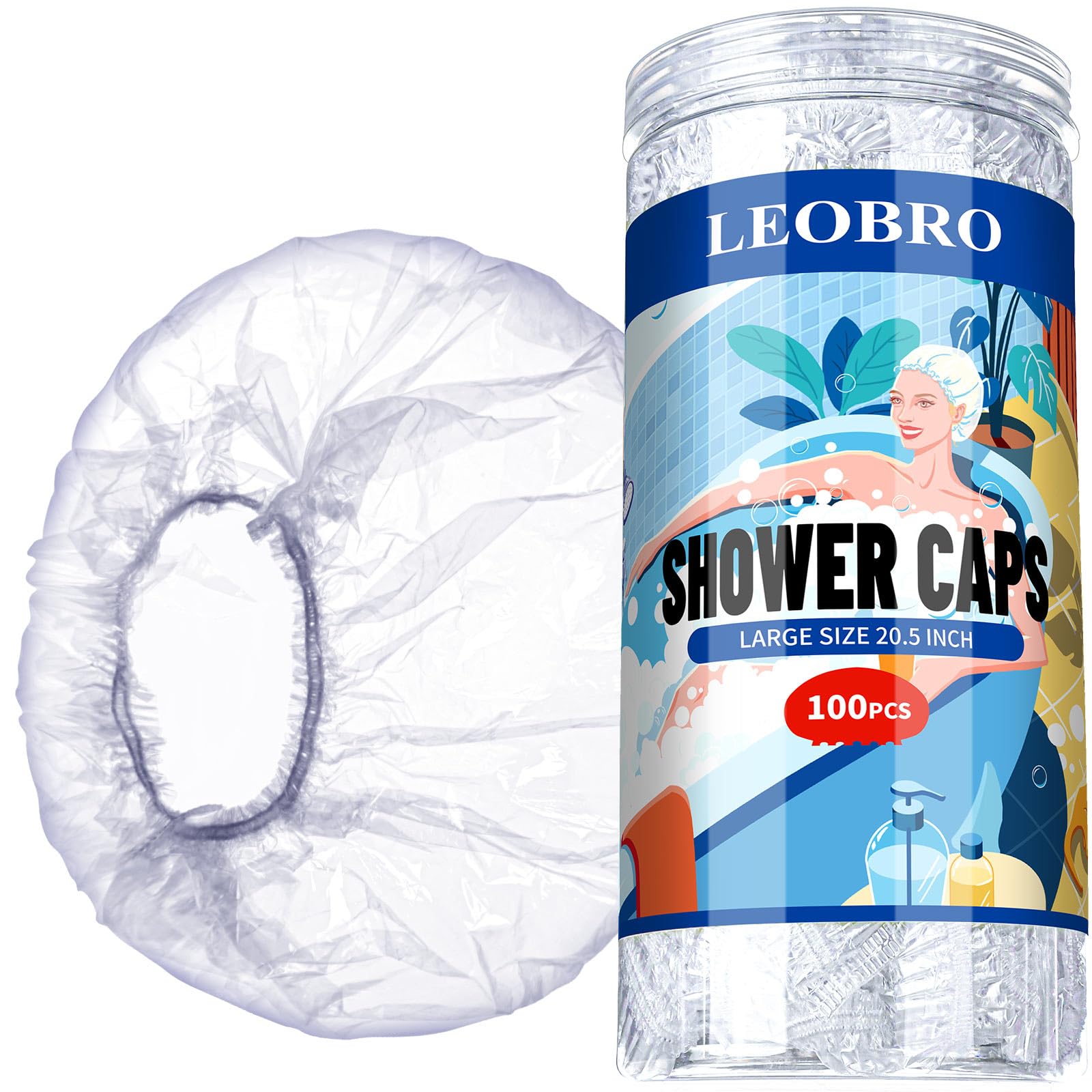 LEOBRO Large Disposable Shower Cap, 100PCS Shower Cap, Plastic Shower Caps for Women Disposable, Clear Thick Plastic Caps for Hair Treatment, Large Size 20.5 INCH