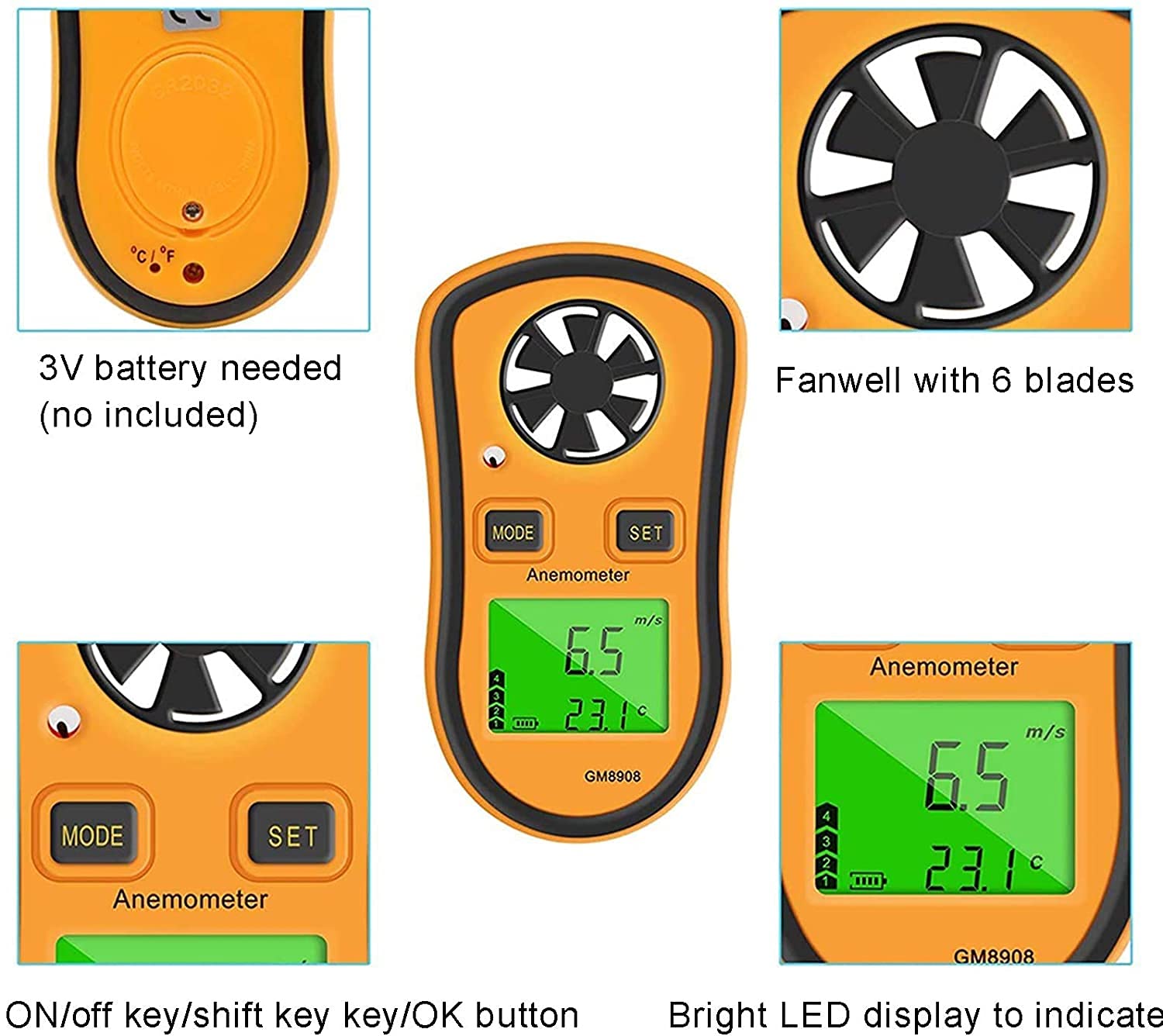 Medidor de Viento Digital, anemómetro Mini Calibre de Temperatura de Velocidad del Viento con termómetro LCD Retroiluminación para el Windsurf Kite Volando navegando