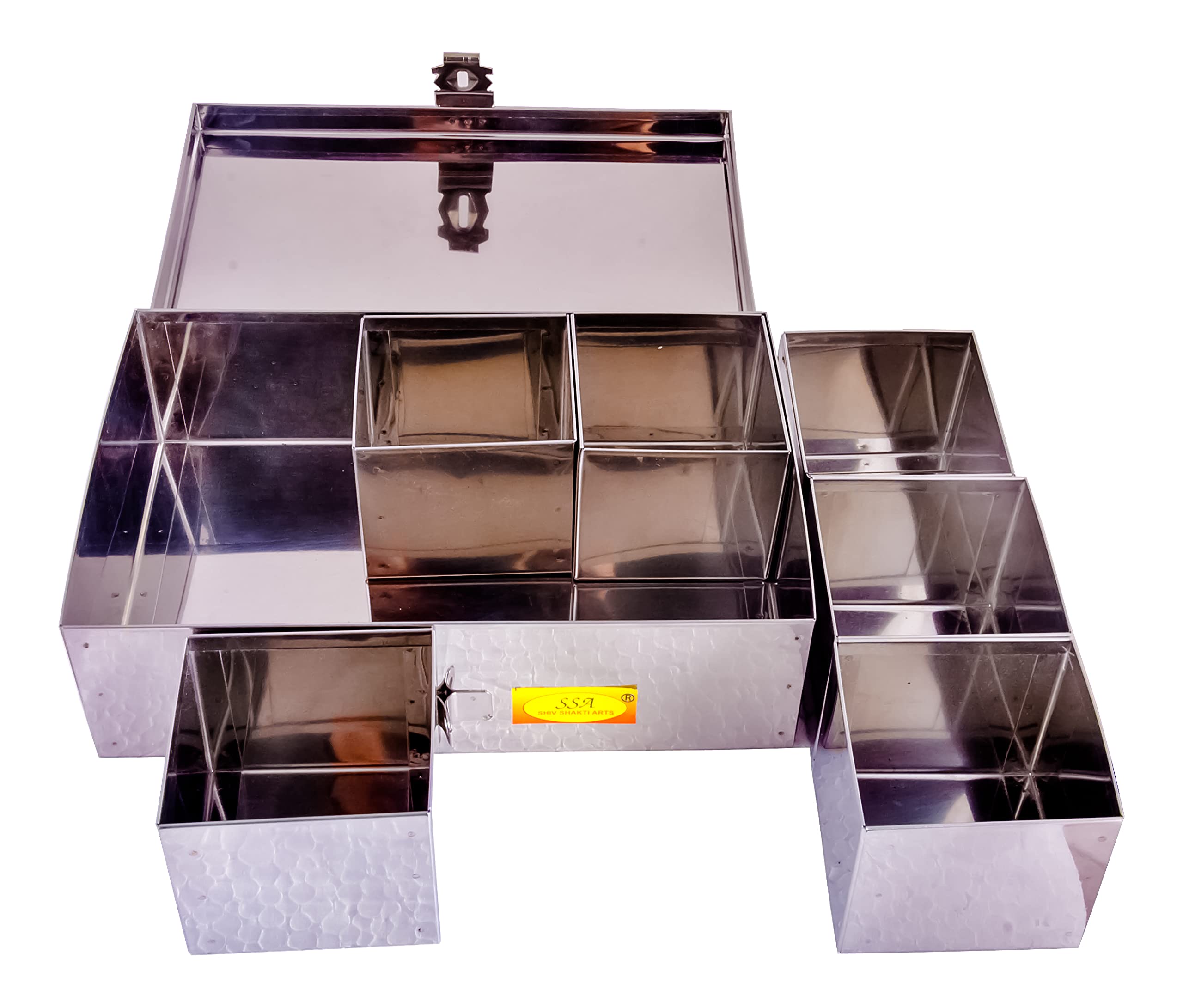 SHIV SHAKTI ARTS Stainless Steel Spice Box, 6 Compartment, Masala Dabba Utility Container, Masala Peti (1 piece,Steel,Large) W-18 cm, H-6.5 cm, L-26 cm - Image 6 thumbnail