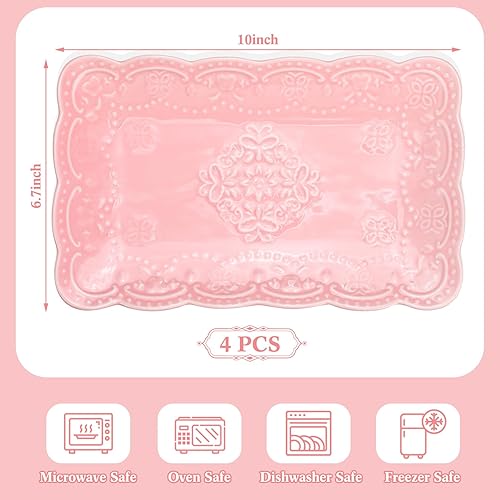 Miniatura 2 de Tioncy 4 platos de porcelana de encaje en relieve de 10 x 6.7 pulgadas, platos rectangulares de cerámica para el hogar, cocina, boda, fiesta de