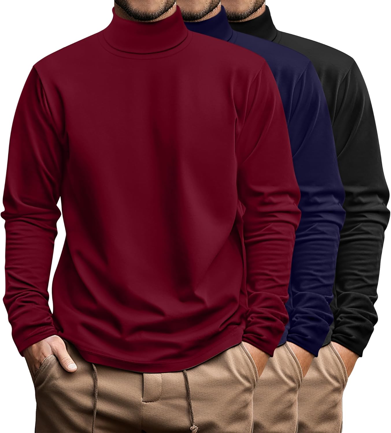 Ficerd 3 Pack Men's Big and Tall Turtleneck Shirts Cotton Long Sleeve Turtle Neck Tops Plus Size Loose Fit Basic Tee