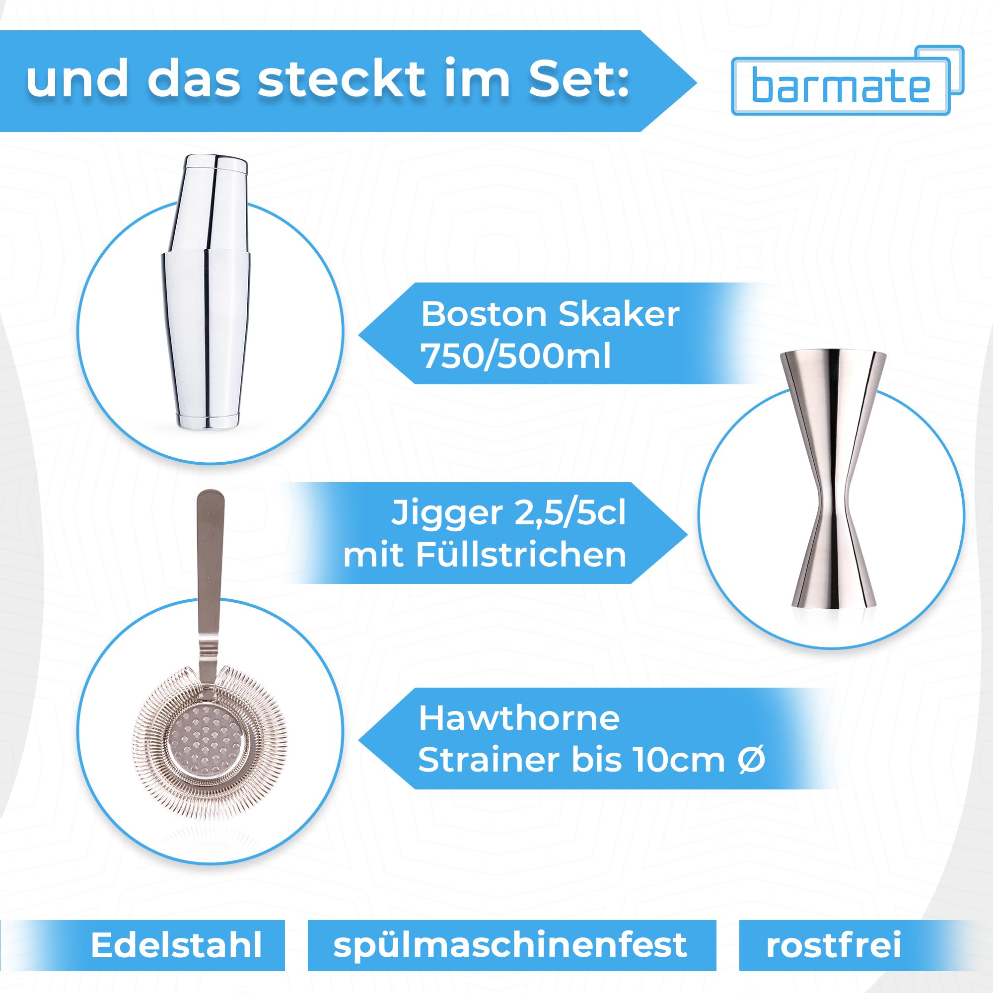 Boston Cocktail Shaker aus Edelstahl und beschwert als 3 teiliges Set bestehend aus einem Shaker, einem Jigger und einem Sieb