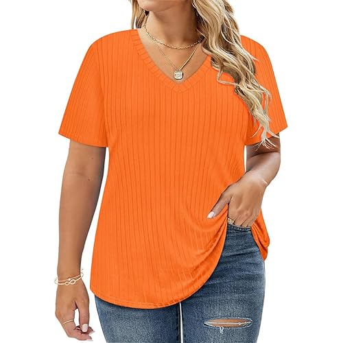 RITERA Plus Size Tops for Women Short Sleeve V Neck Solid Loose Ribbed T Shirts Causual Tunics Summer Tie Dye Blouse XL-5XL