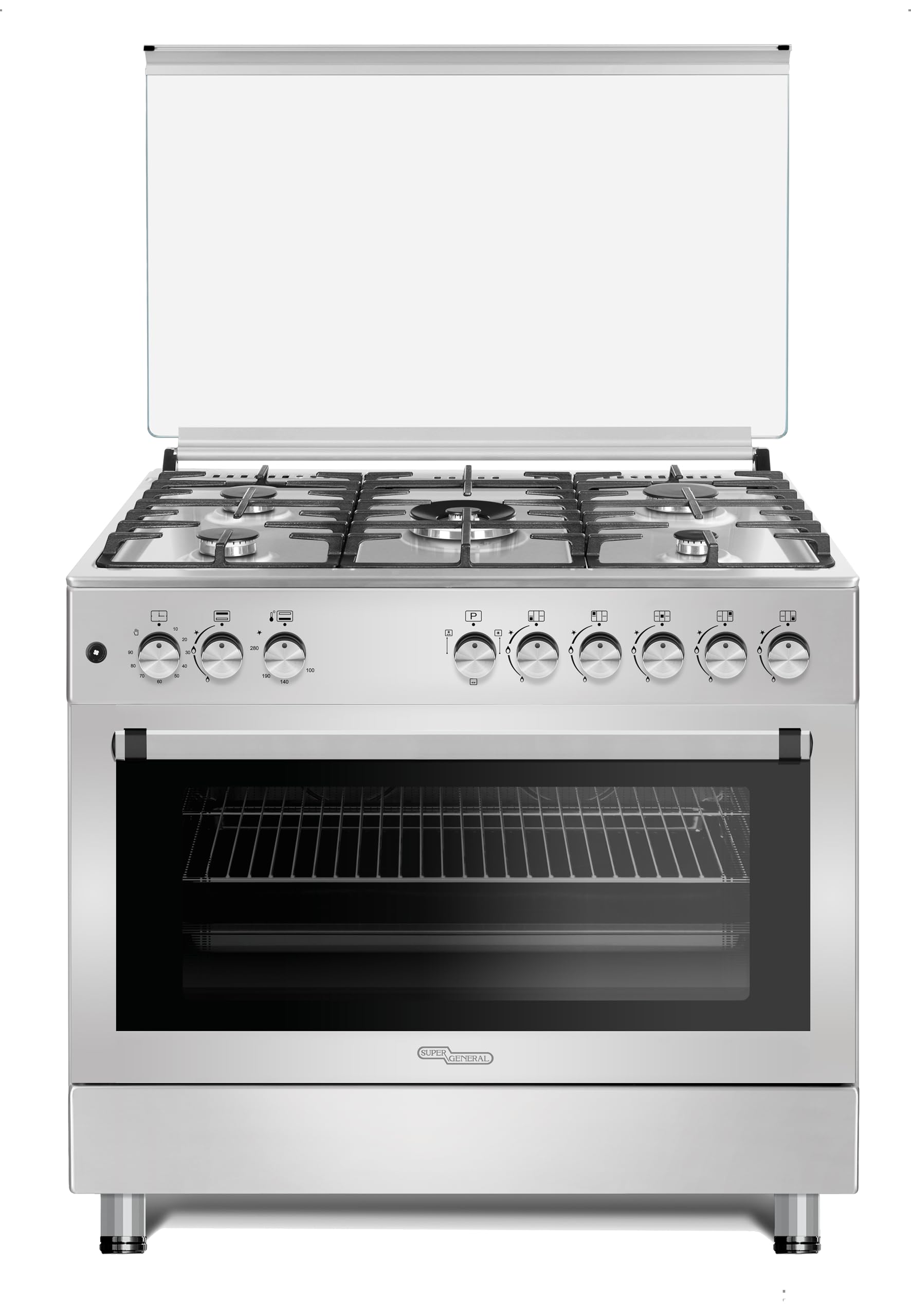 Super General 90 X 60 cm, 5 Gas Burners, Oven/Grill with Rotisserie Free standing Gas Cooker, Stainless Steel, Turbo Fan β SGC9607FSHGF, 1 year Manufacturer Warranty