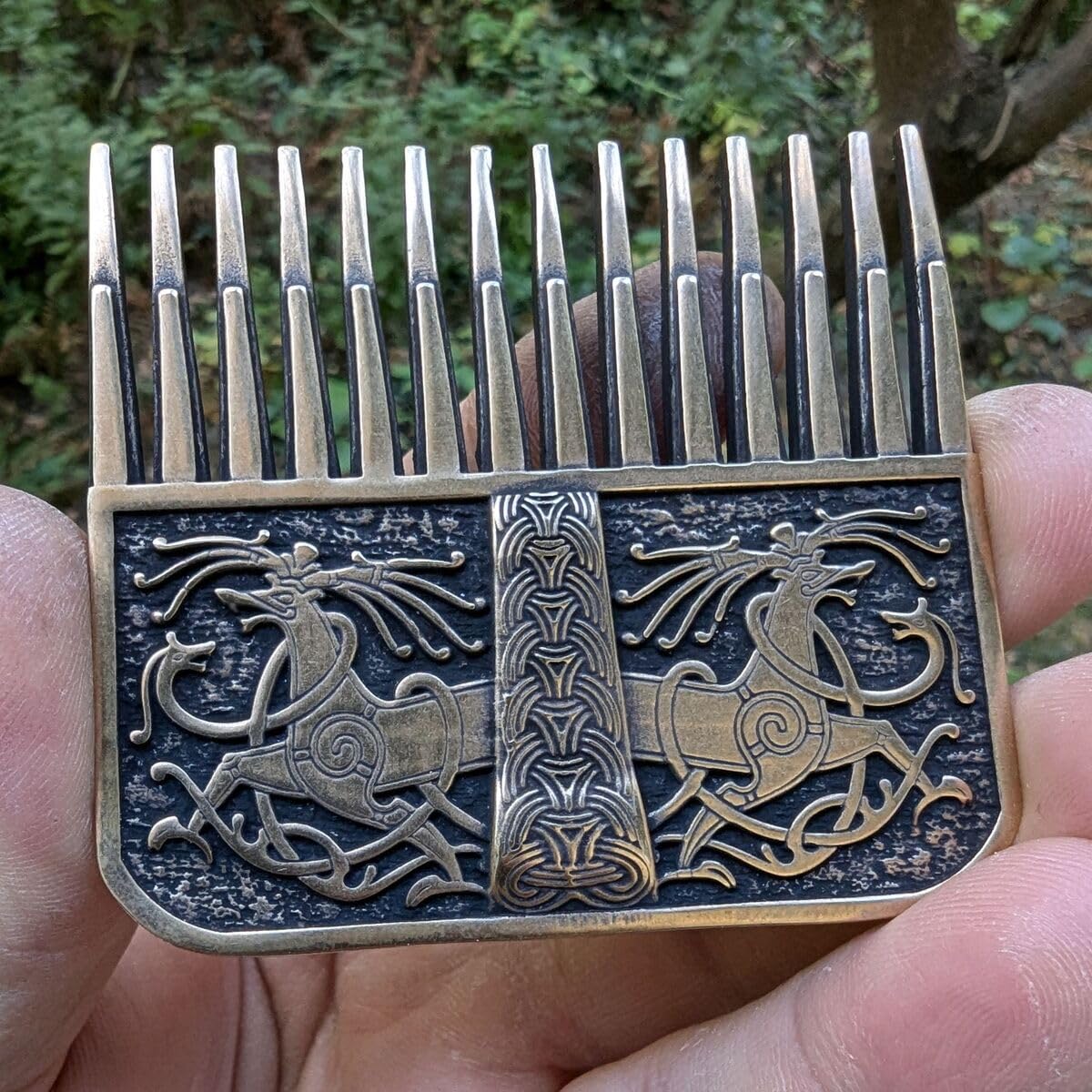 Ringerike Style Solid Bronze Beard Comb - Handcrafted Italian Design for Beard & Mustache Care