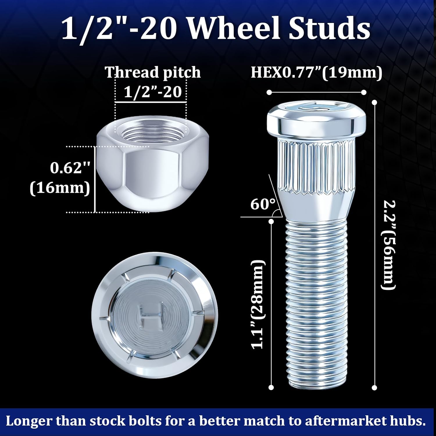 24Pack Wheel Stud 1/2"-20 UNF Thread for Trailer for Lippert Axles 3500 lb for 4400 lb Dexter Trailer Axles | Size 0.617" Spline | 0.77" Head | 2.2" Length| Heavy Duty Wheel Bolts
