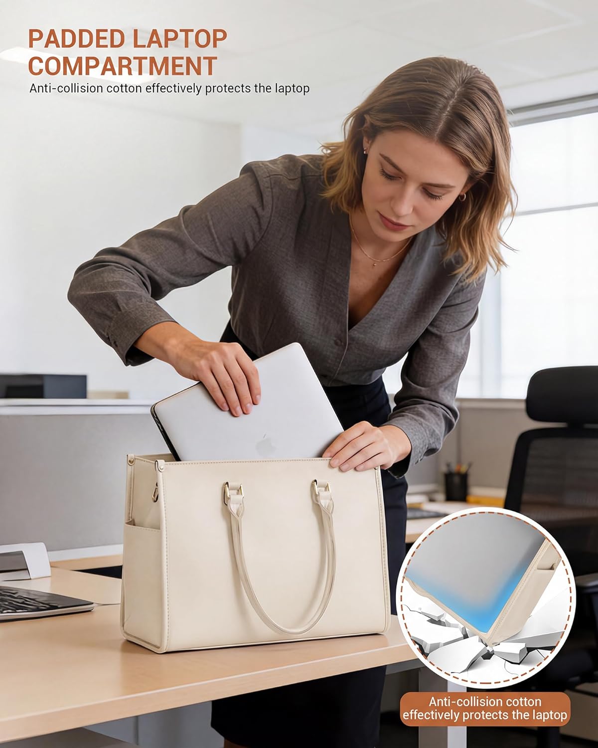 Work Tote Bag with Lunch Box Compartment, 2-in-1 Insulated Lunch & Laptop Tote Bag for Women, 15.6 Inch Large Capacity Computer Bag for Business Work Nurse Office College (Beige)