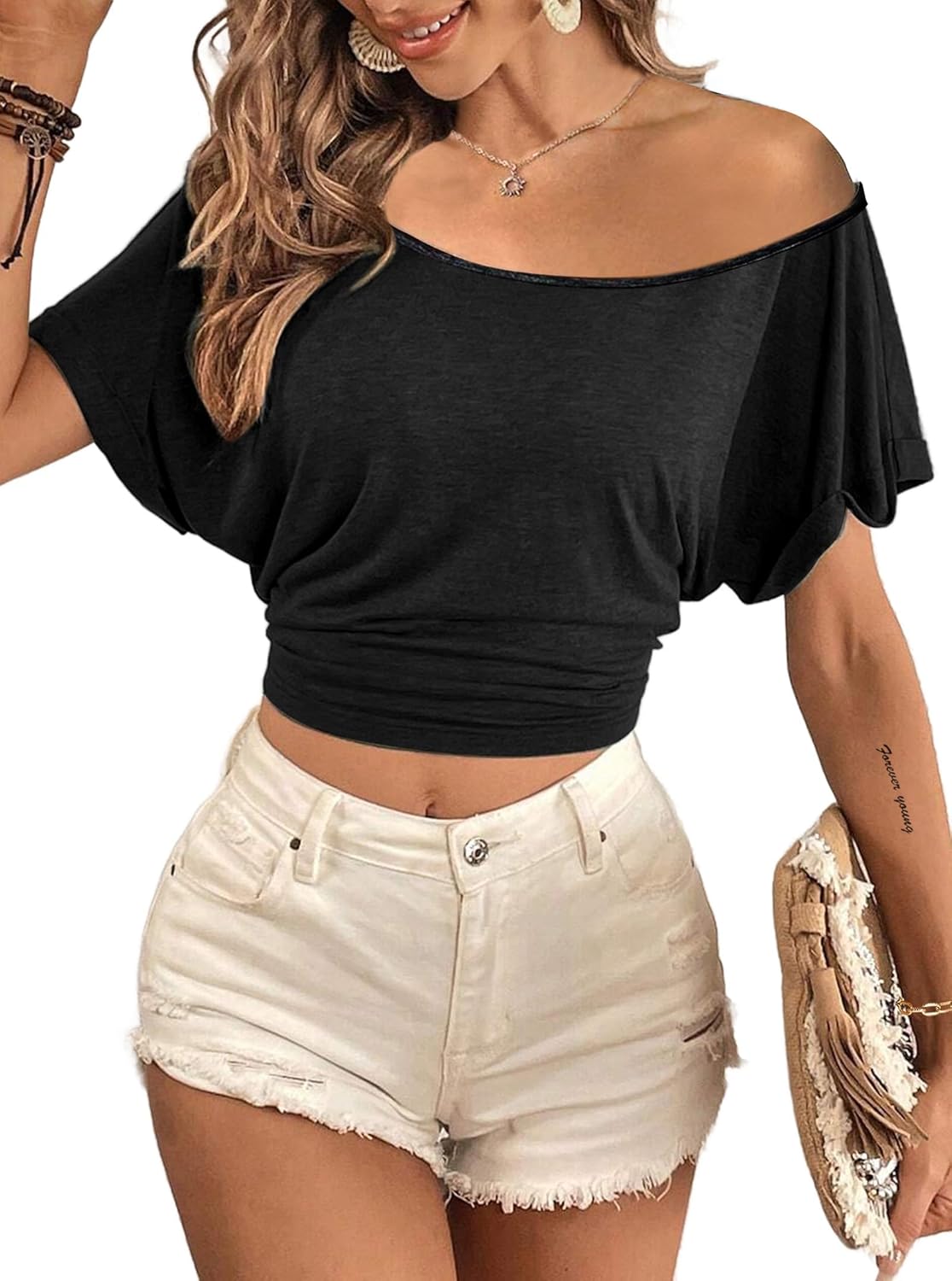 LilyCoco Womens Off The Shoulder Short Sleeve Tops Backless Top Cropped T Shirt