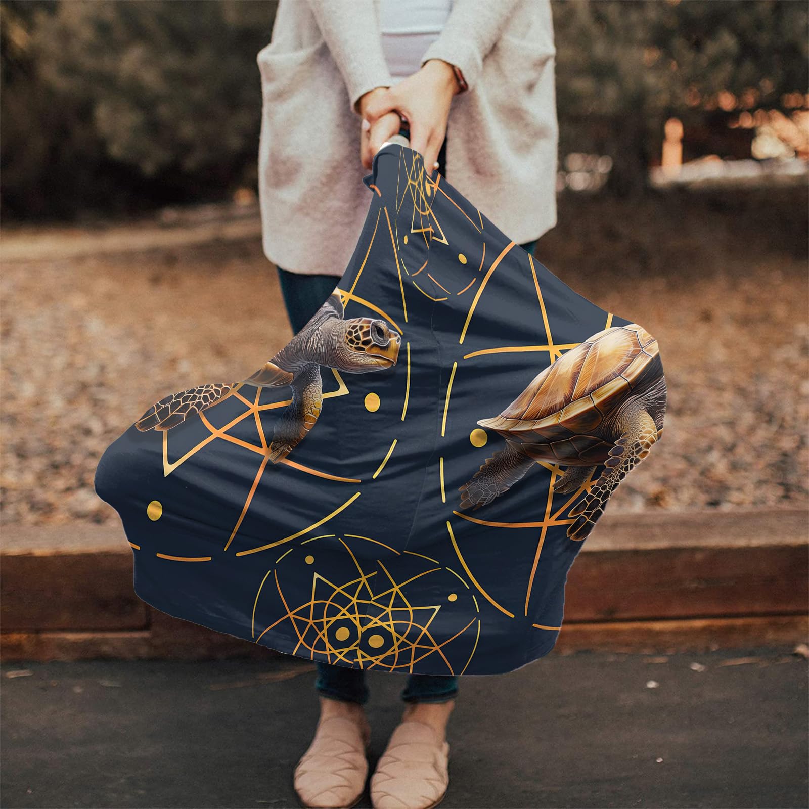 Nursing Cover for Breastfeeding Scarf, Turtle Circles Dots Gold Lines Geometric Navy Blue Baby Car Covers Super Soft Multi Use for Canopy Shopping Cart Cover Blanket Stroller Cover