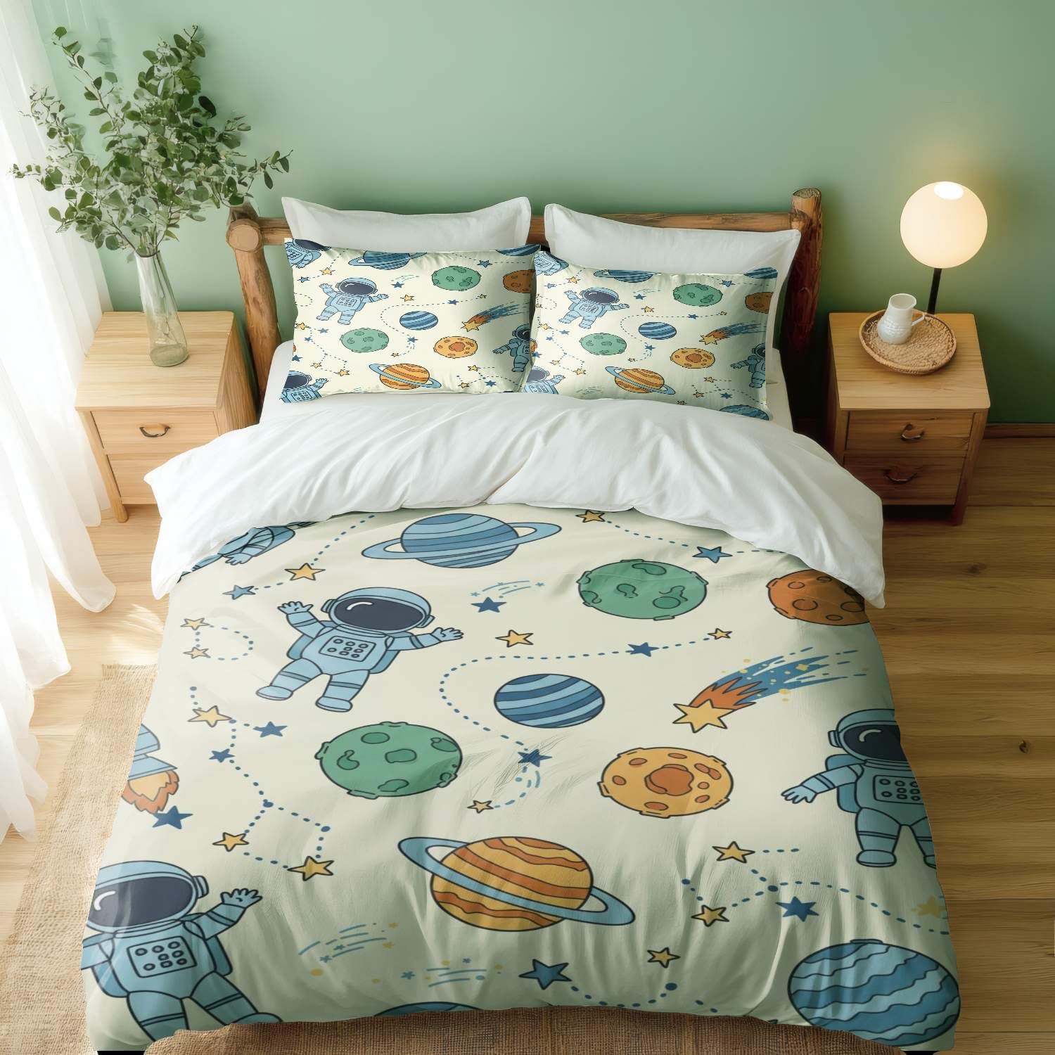 Housse de couette astronaute lit simple 135x200 cm avec 2 taies d'oreiller