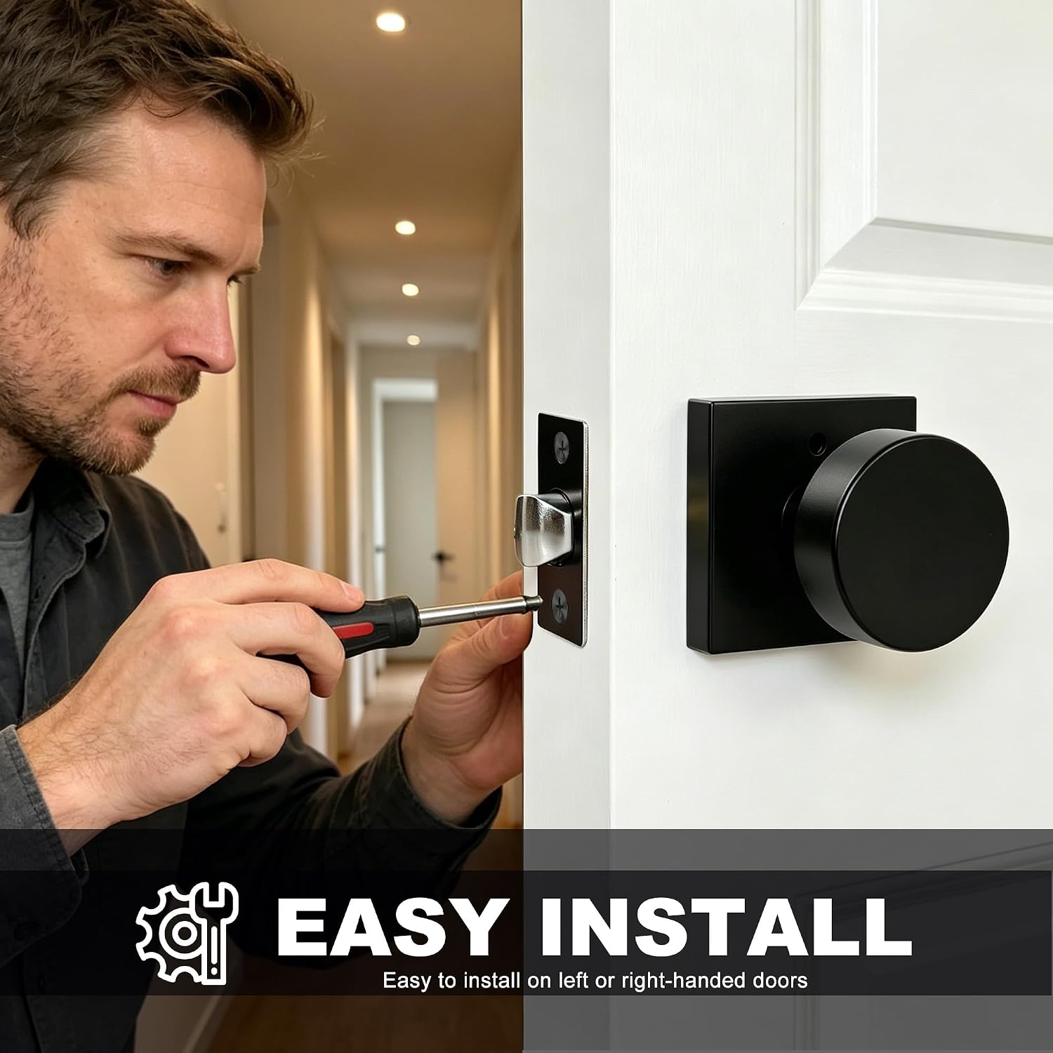 Interior Privacy Door Knob, Matte Black 1 Pack | Reversible Keyless Door Lever Set with Lock for Bedroom and Bathroom